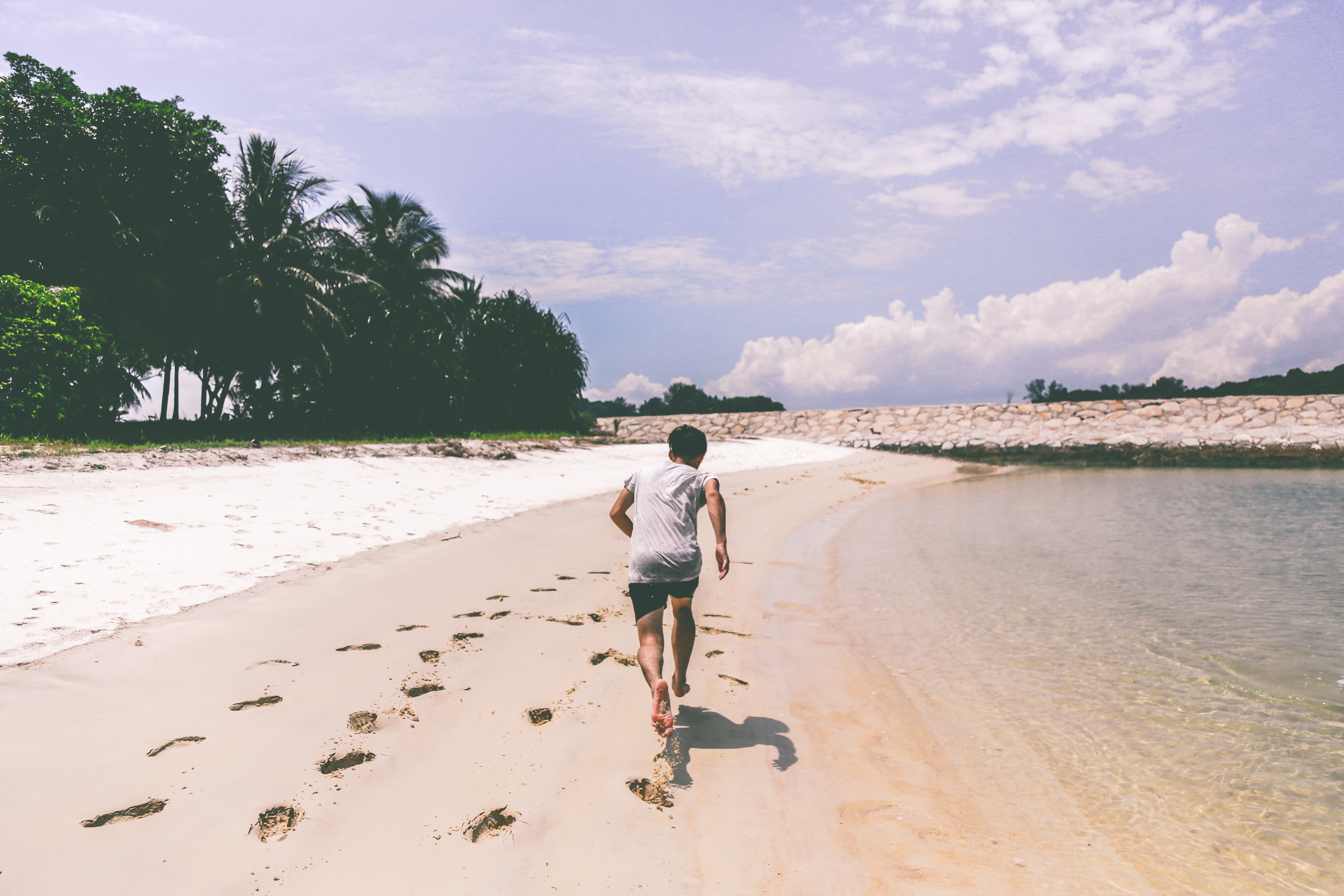 Man running on a sandy beach with palm trees HD Wallpaper