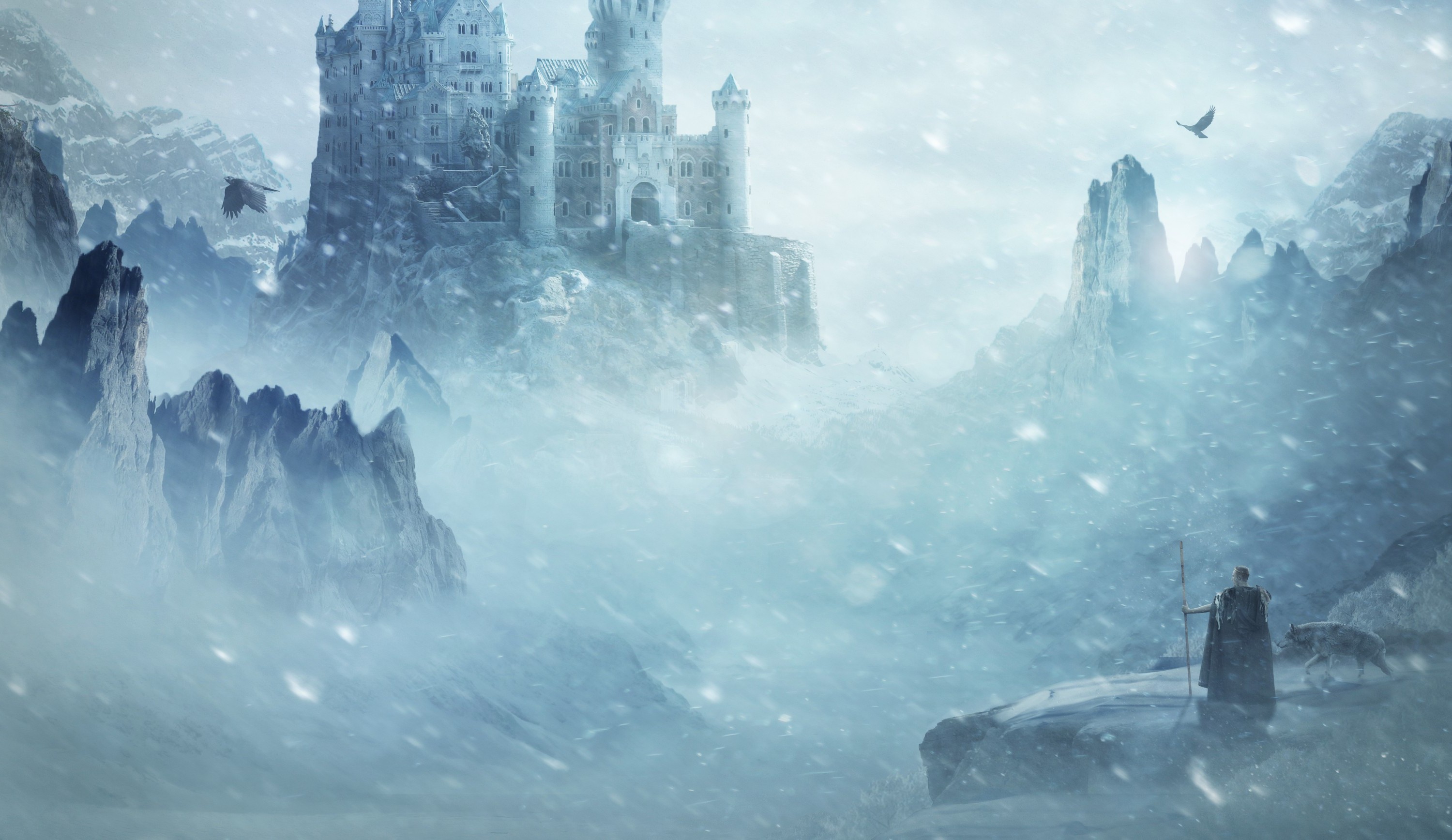 Fantasy winter castle in snowy mountains with a man and wolf HD Wallpaper