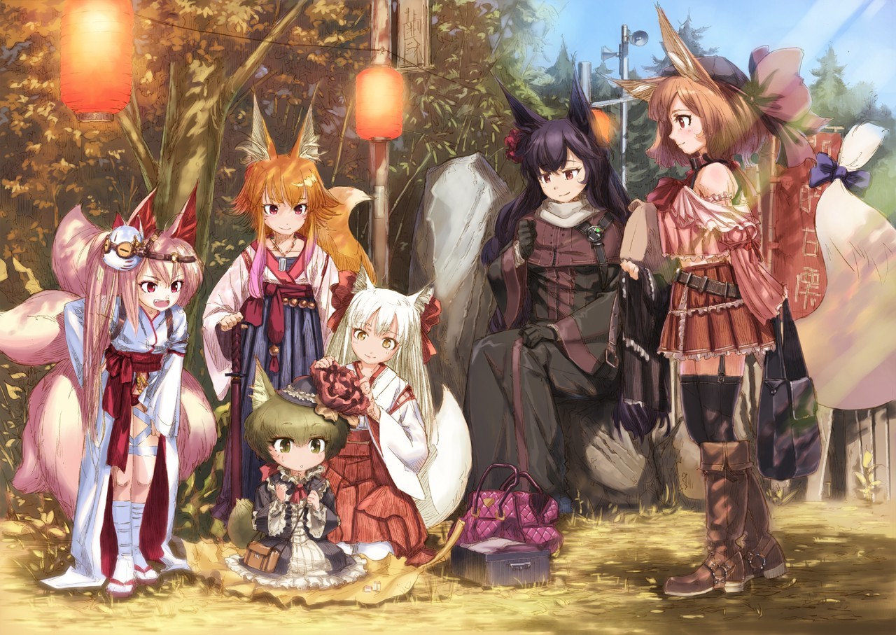 Anime girls with fox ears in traditional Japanese attire HD Wallpaper