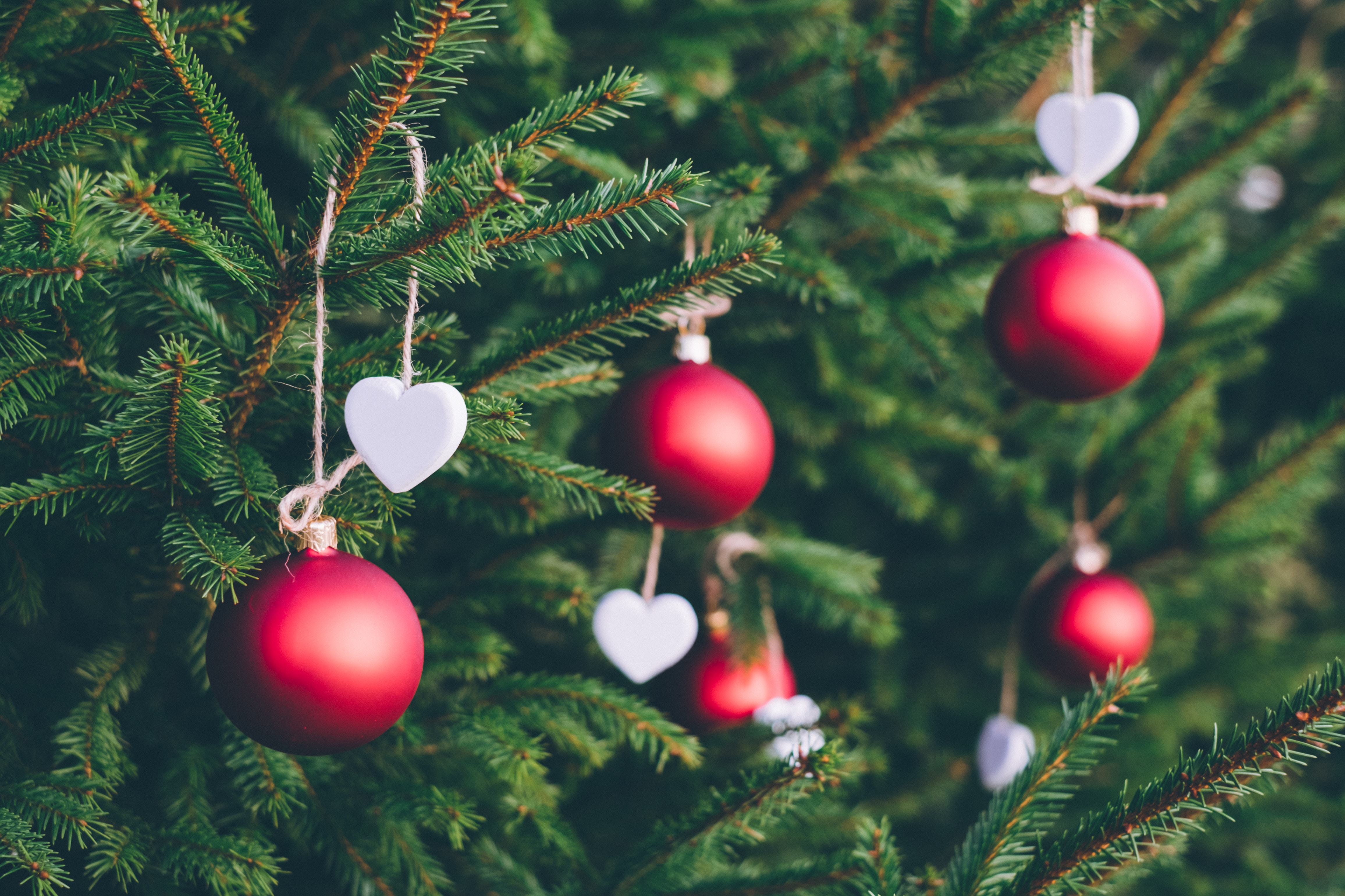 Red baubles and white hearts on a Christmas tree HD Wallpaper