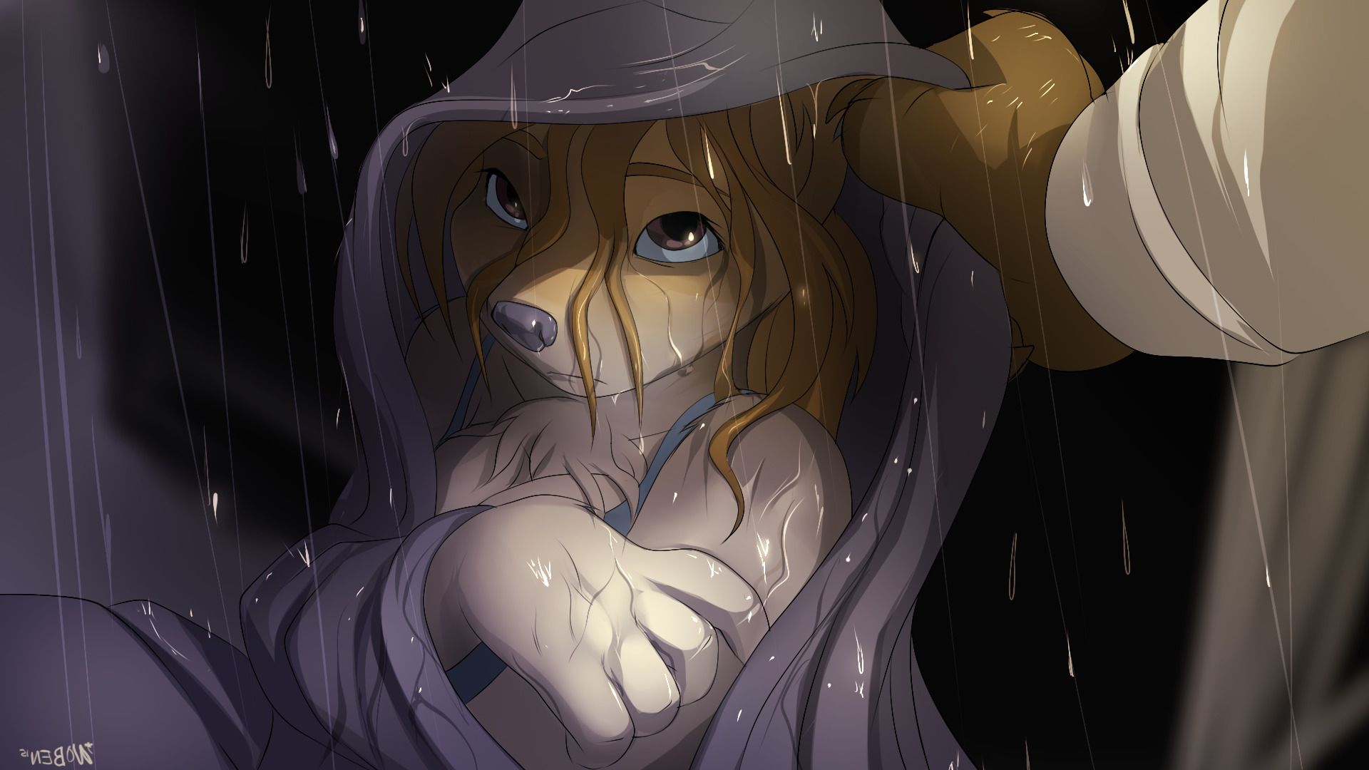 Anthro Character in Rain with Hooded Cloak HD Wallpaper