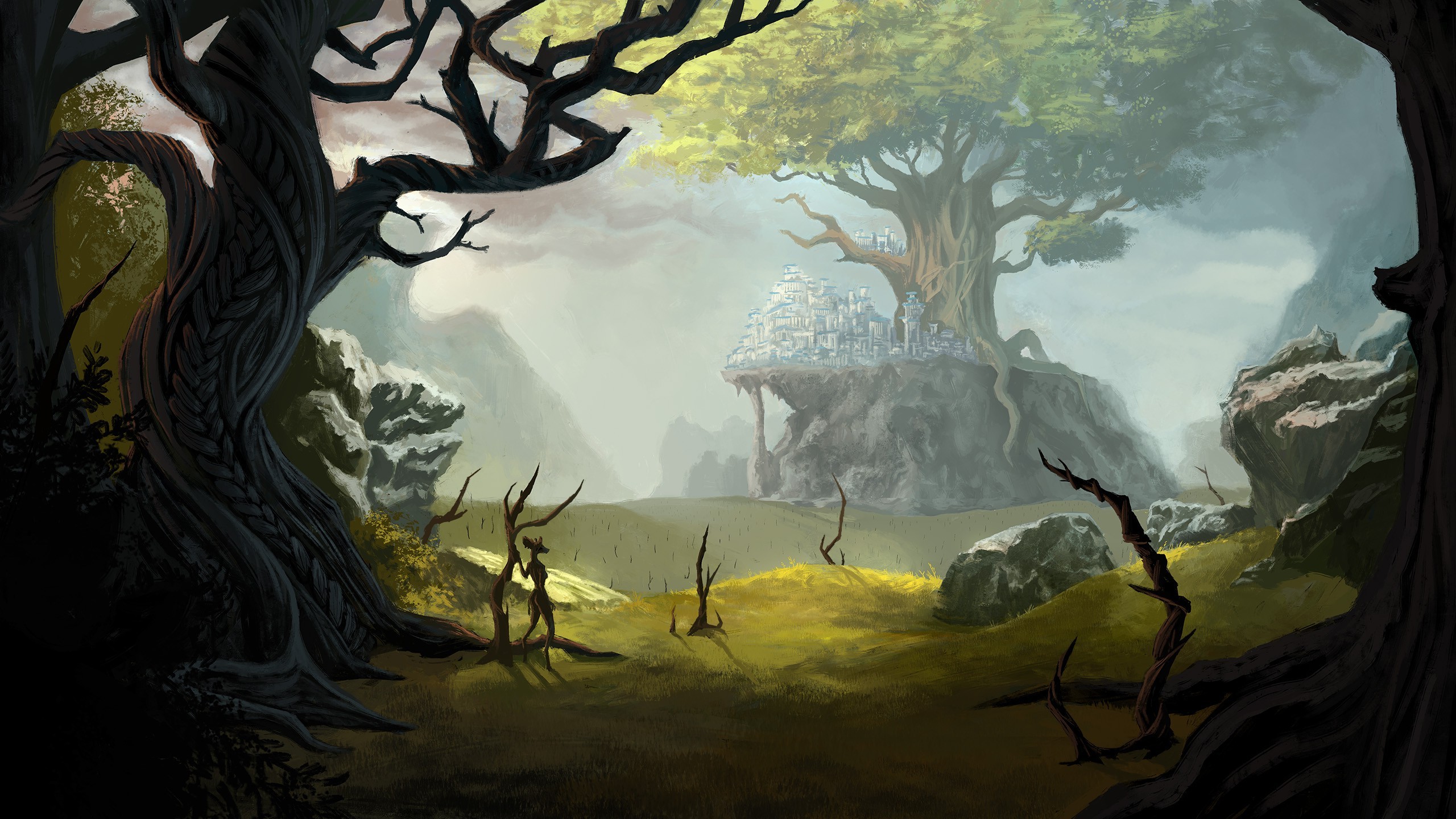 Fantasy art of a city on a cliff in a forest HD Wallpaper