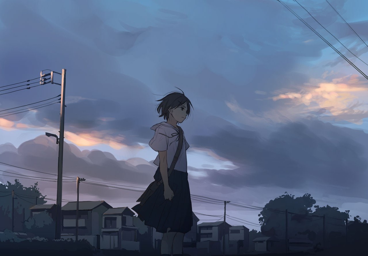 Anime girl in school uniform standing under cloudy sky HD Wallpaper