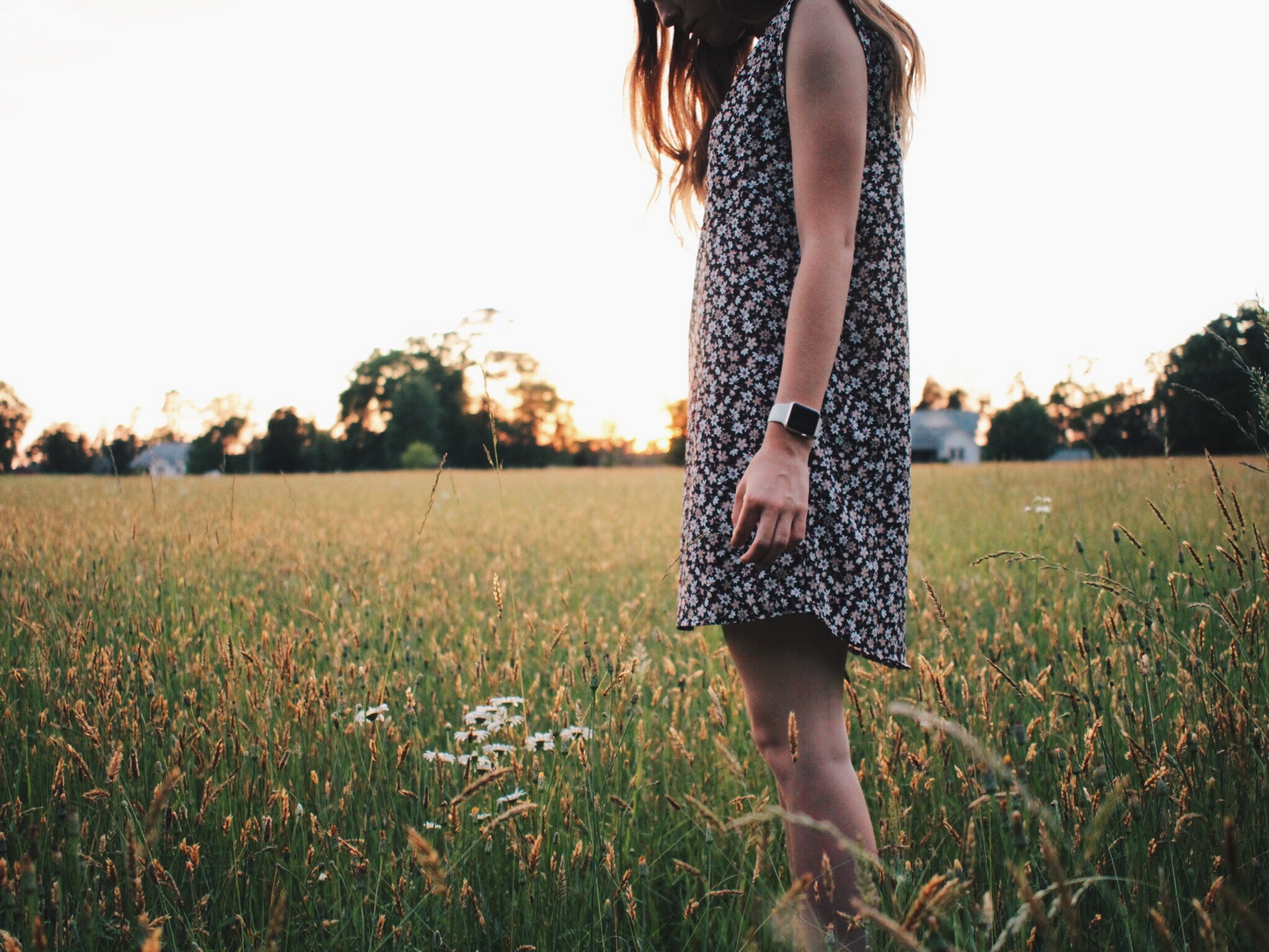 Woman in floral dress in a field at sunset HD Wallpaper