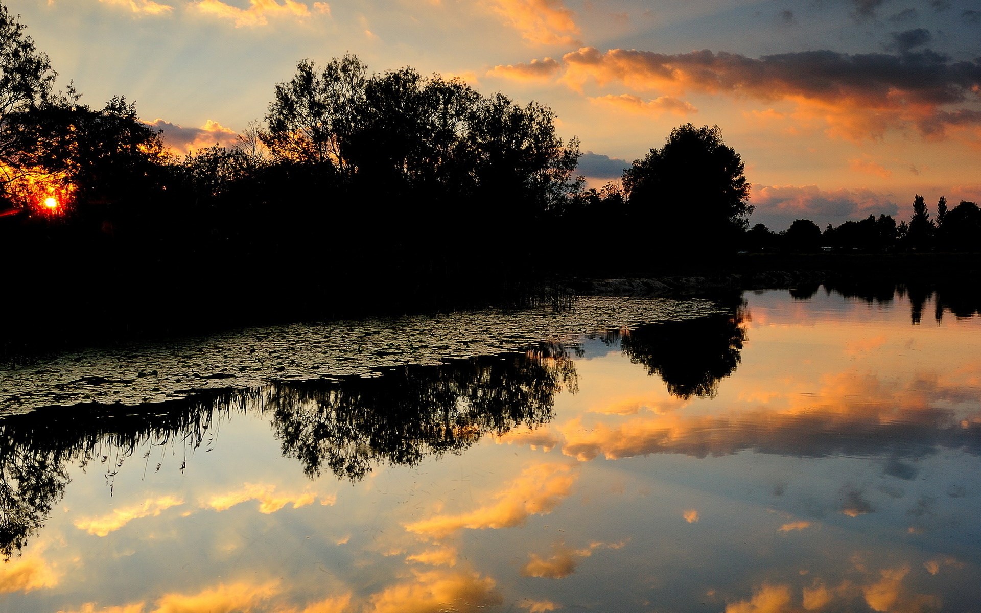 Sunset over a lake with silhouetted trees and clouds HD Wallpaper