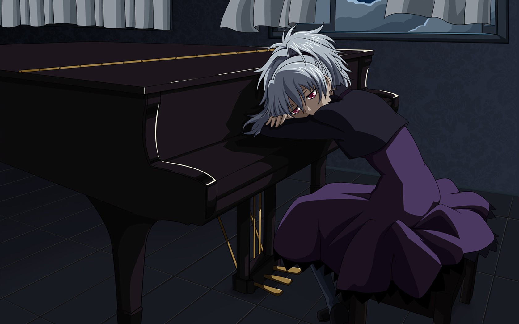 Anime girl with white hair by a piano HD Wallpaper