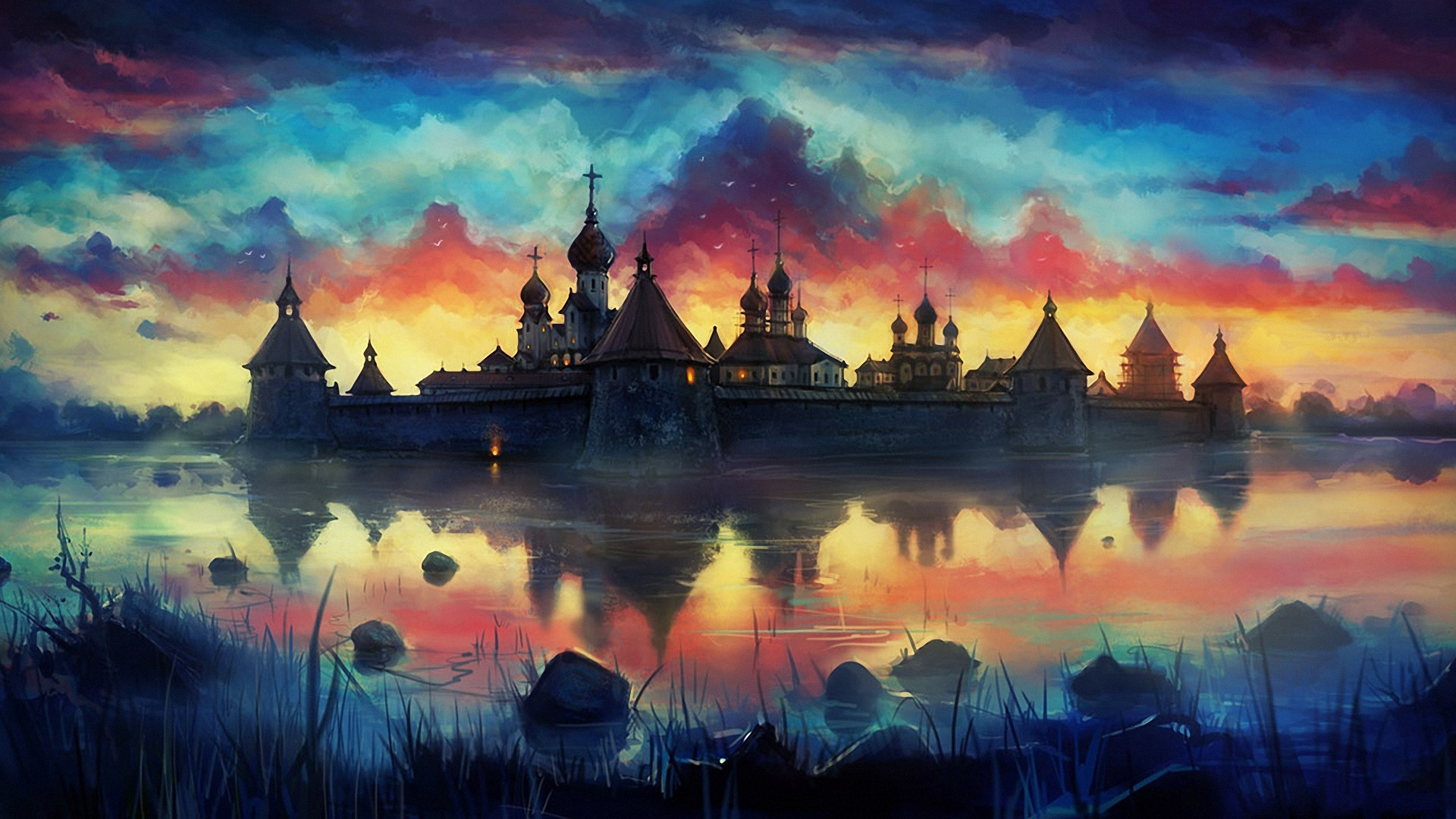 Painting of a monastery on a lake at sunset HD Wallpaper