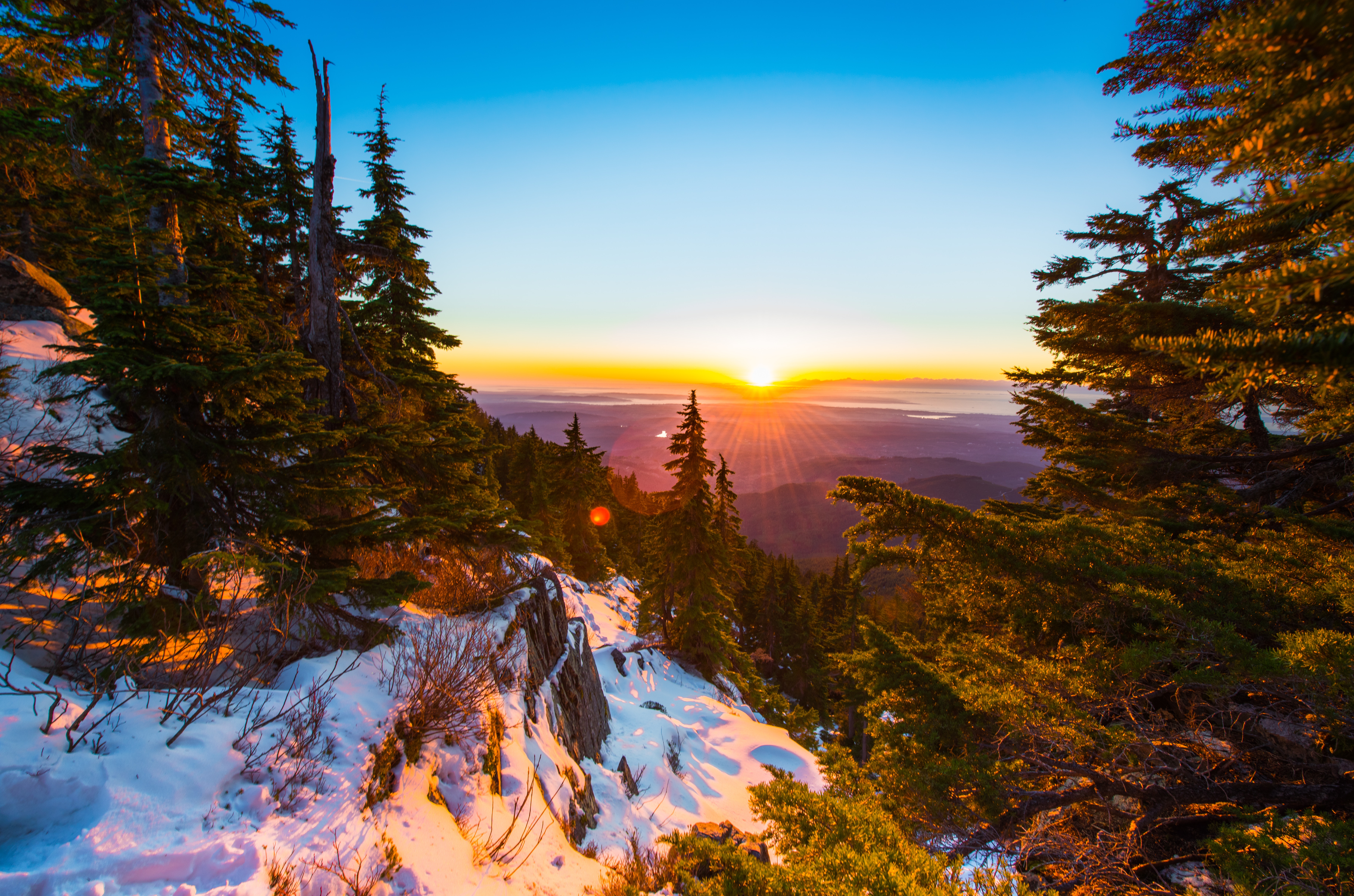 Sunrise over a snowy mountain valley with pine trees HD Wallpaper