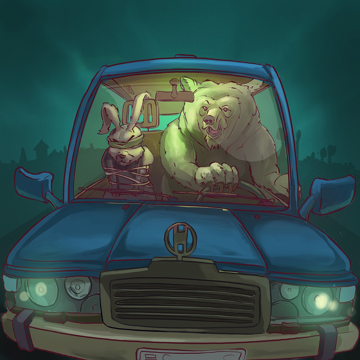 Bear driving car with tied rabbit passenger HD Wallpaper