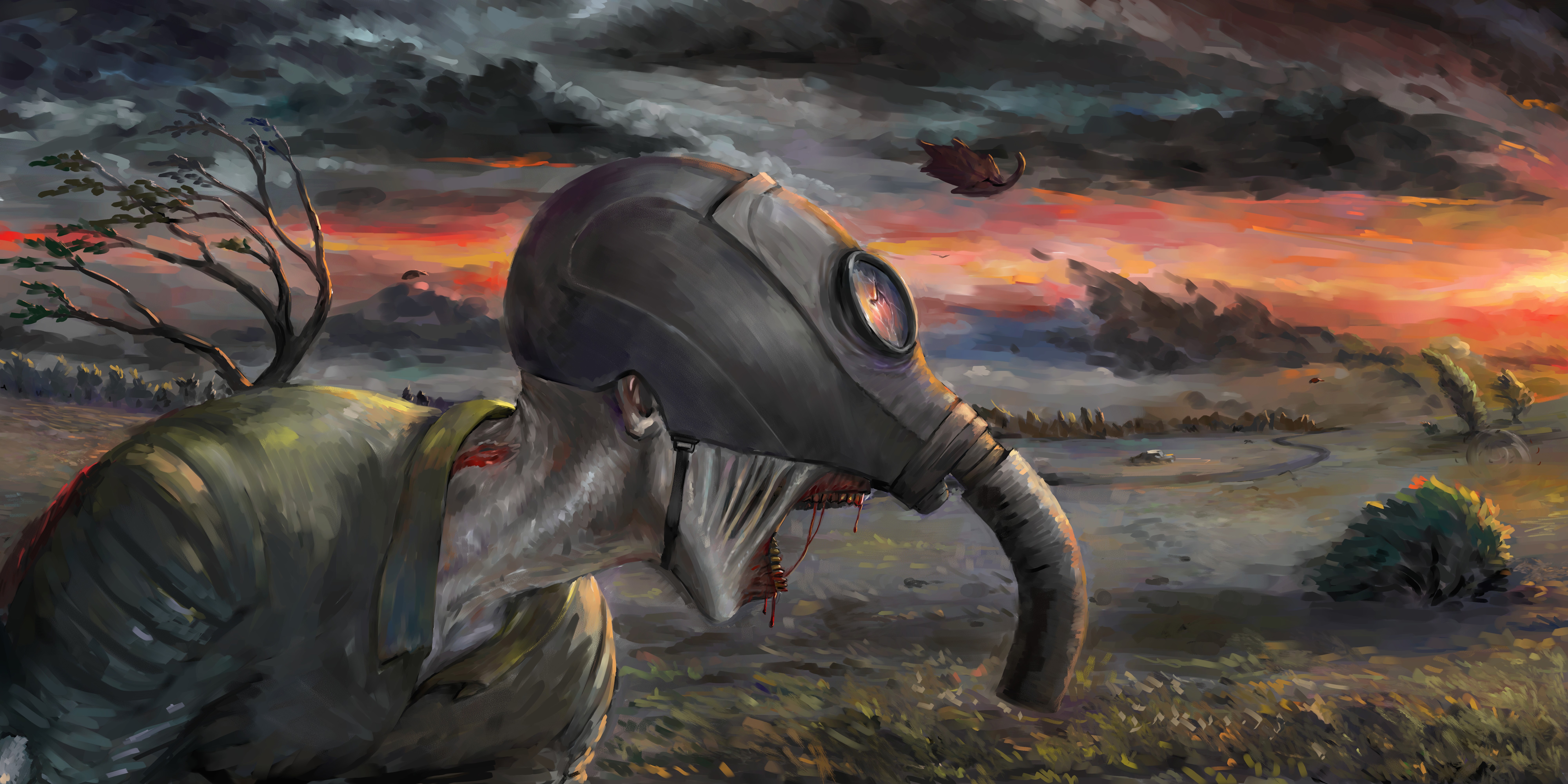 Apocalyptic landscape with a figure wearing a gas mask HD Wallpaper