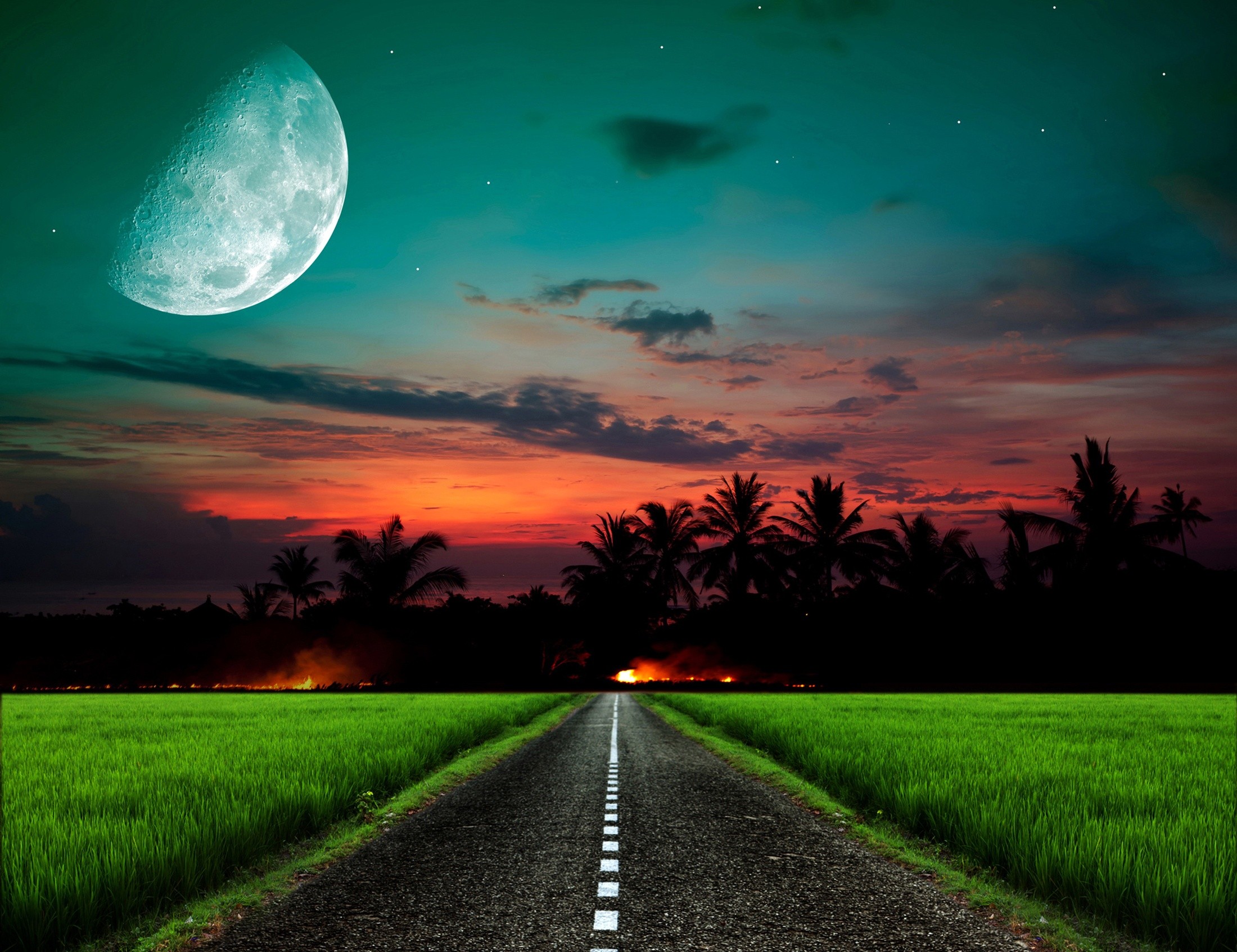 Road through rice fields at sunset with moon HD Wallpaper
