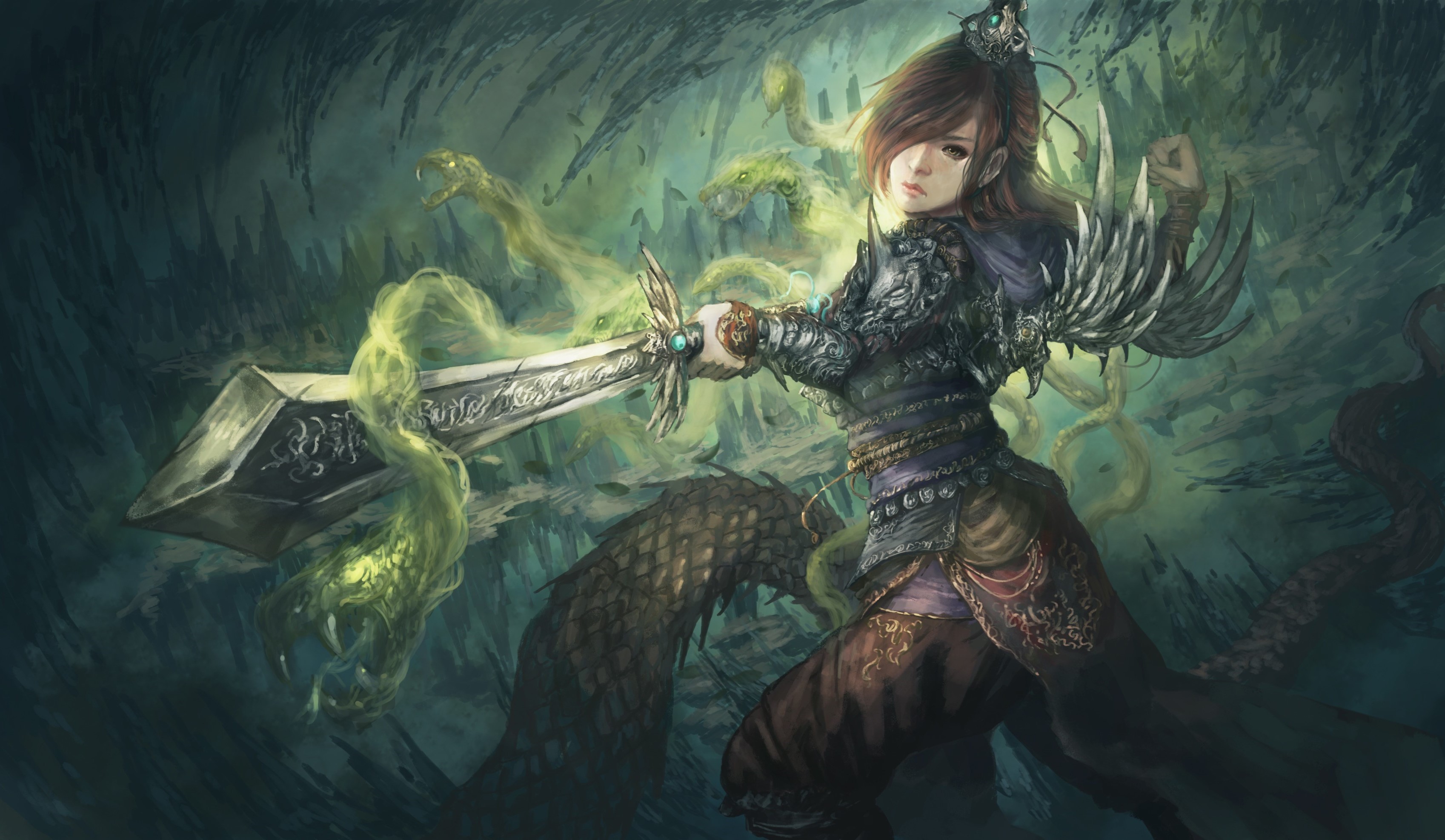 Fantasy art of a warrior girl with a sword fighting snakes HD Wallpaper