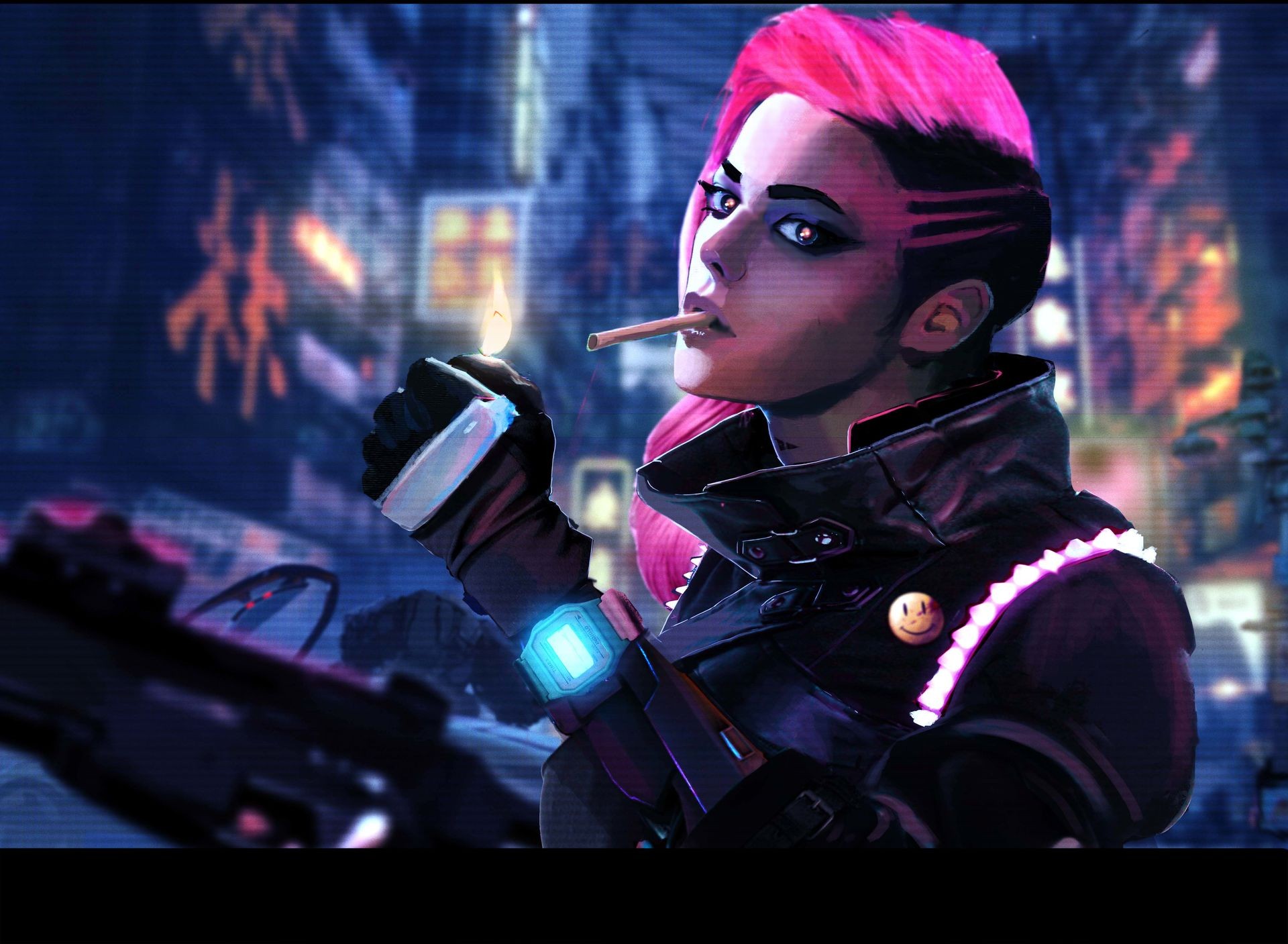 Woman with pink hair lighting a cigarette in a cyberpunk city HD Wallpaper