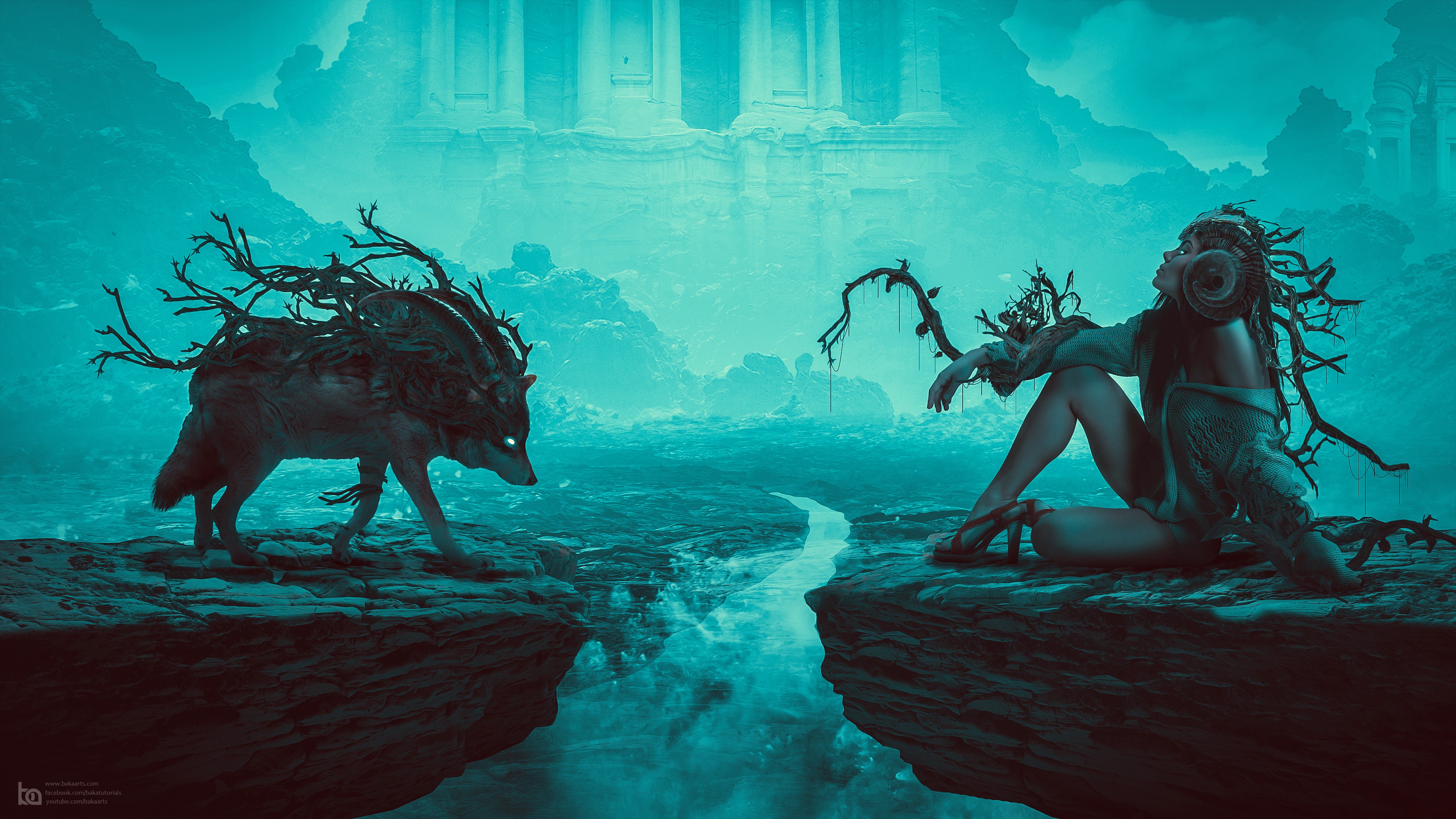Fantasy art of a wolf and a woman with plants HD Wallpaper