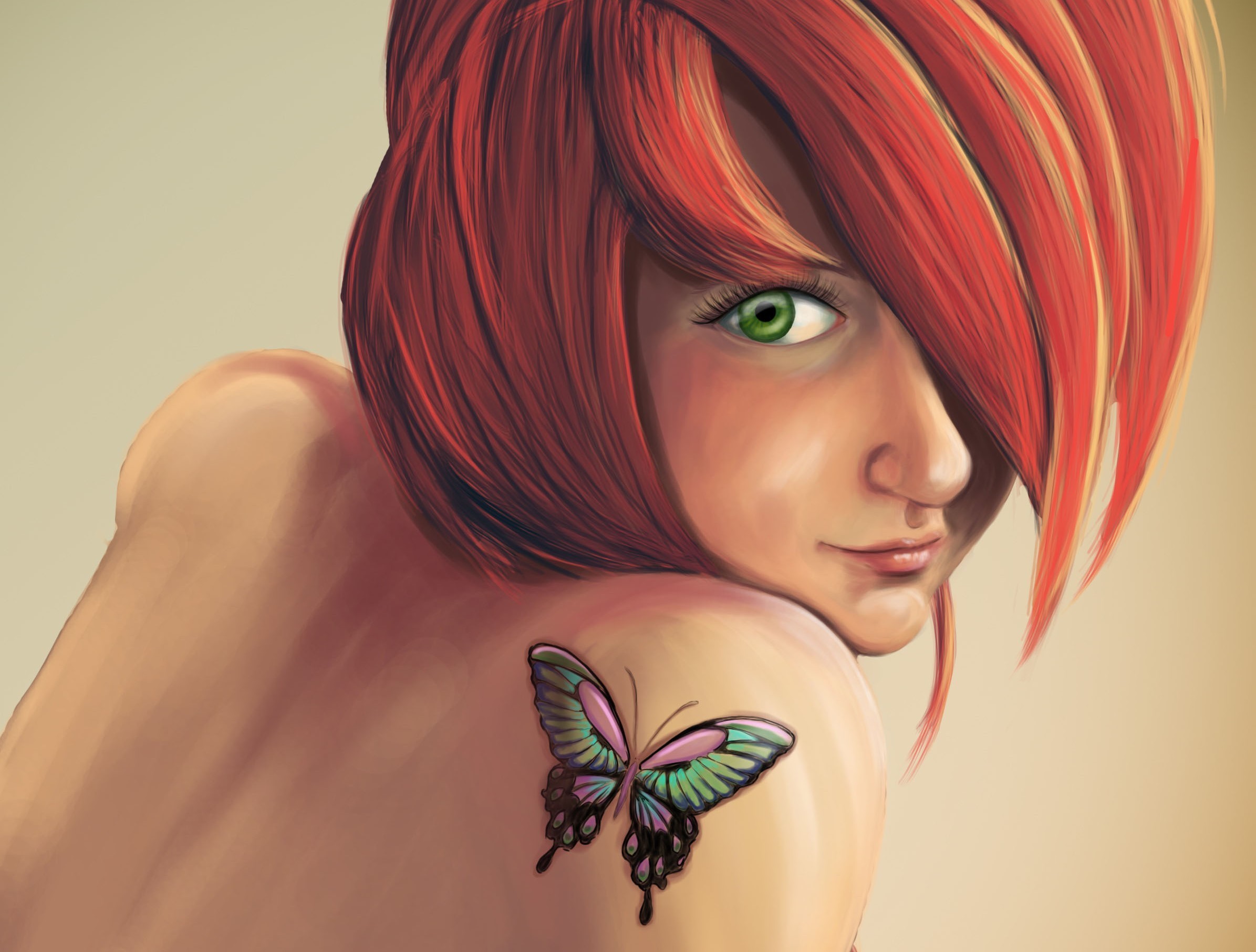 Artwork of a redhead woman with green eyes and a butterfly tattoo HD Wallpaper
