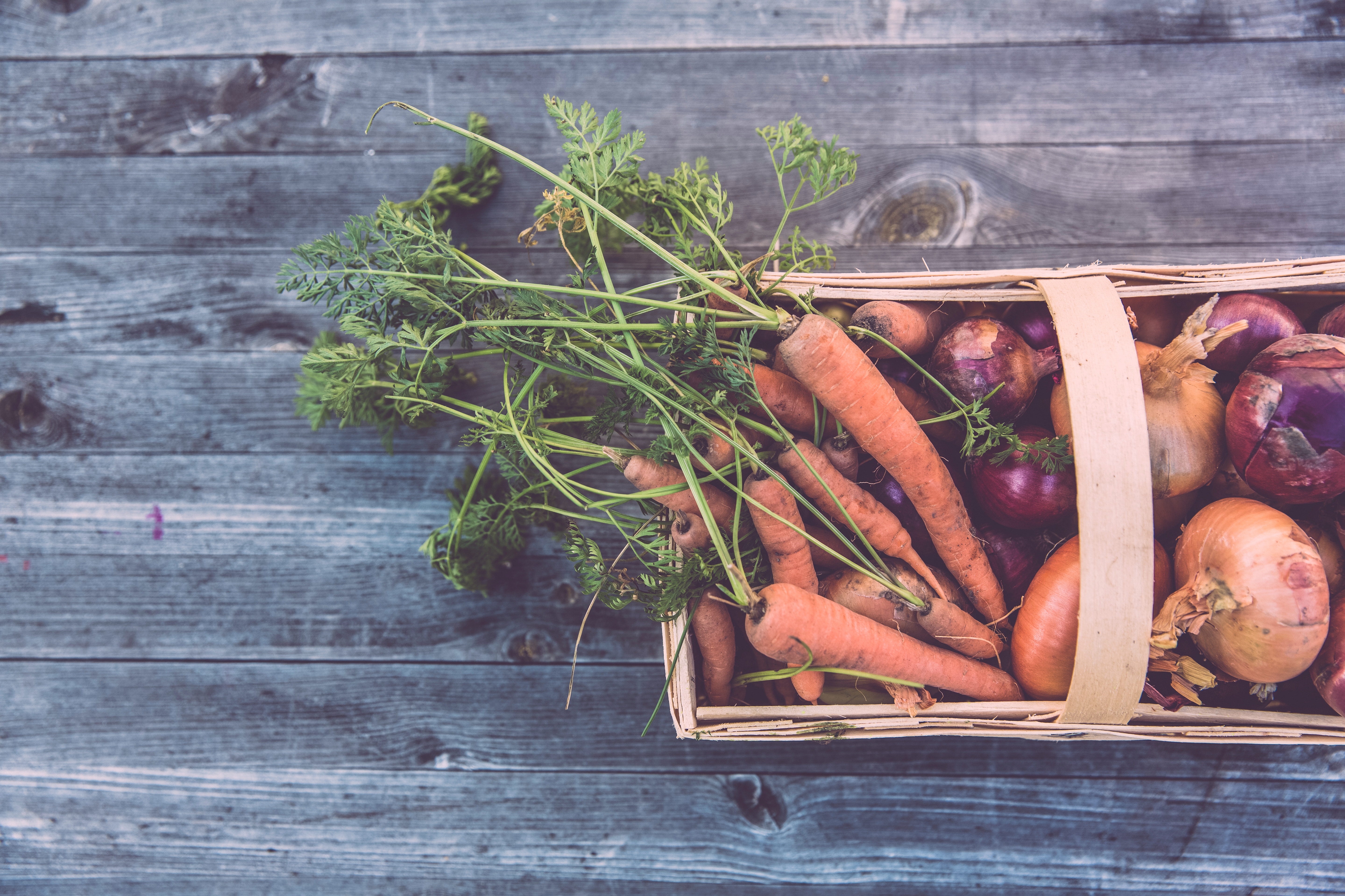 Basket of Carrots and Onions on Wooden Table HD Wallpaper