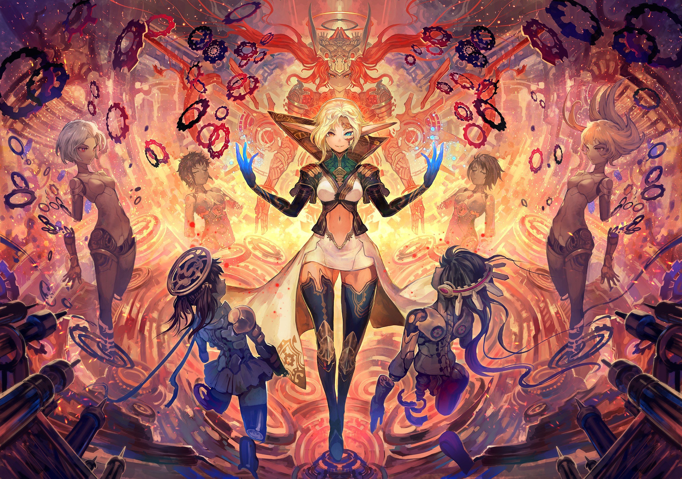Anime art with magical characters and gears HD Wallpaper