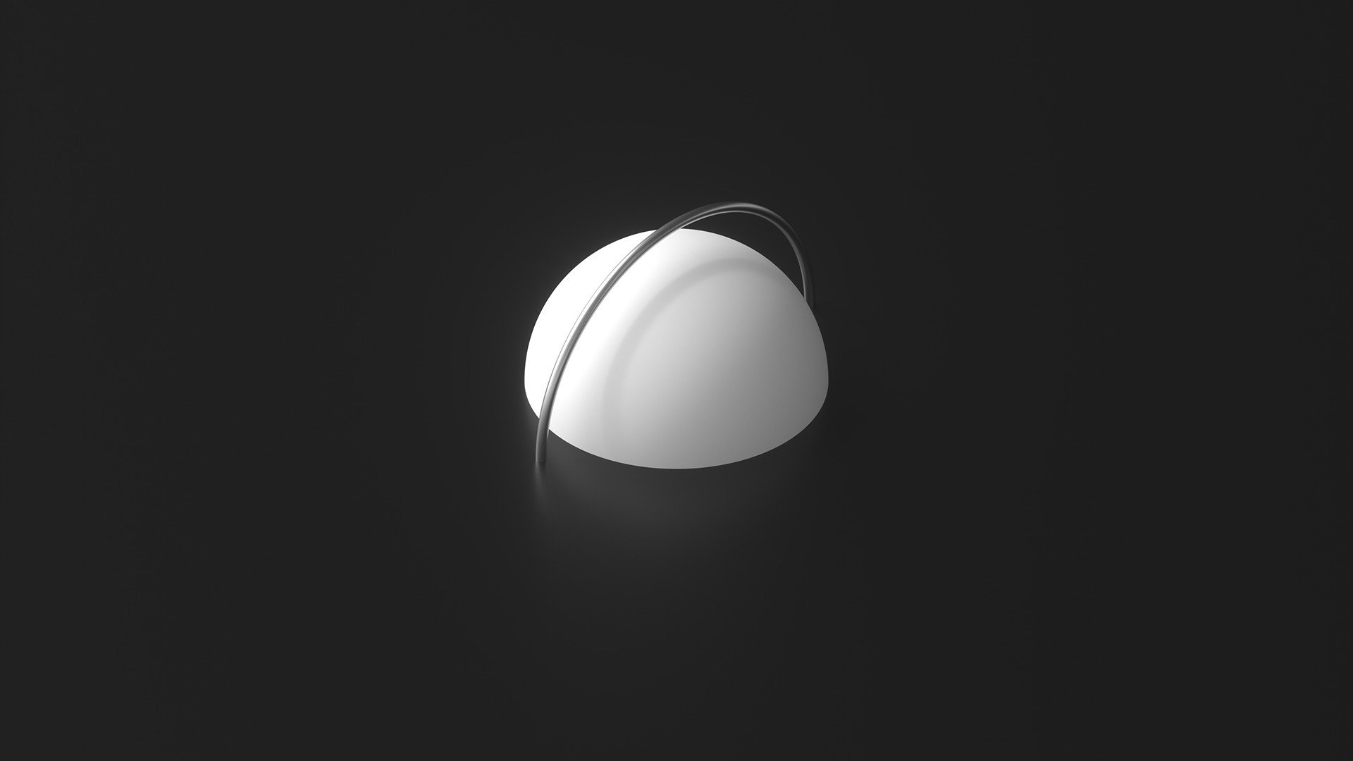 Minimalist white sphere with metal ring on black background HD Wallpaper