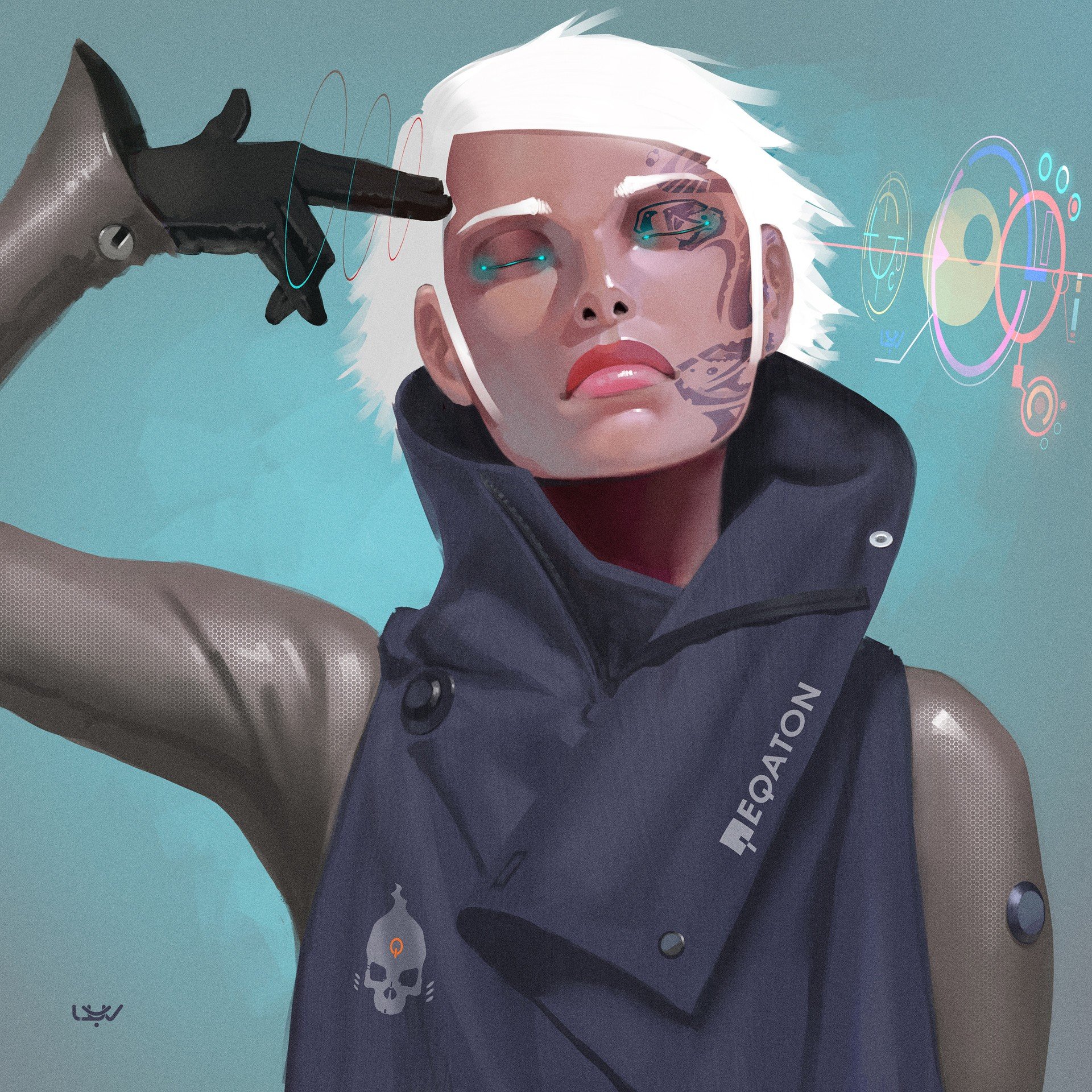 Cyberpunk woman with white hair and cybernetic eye HD Wallpaper