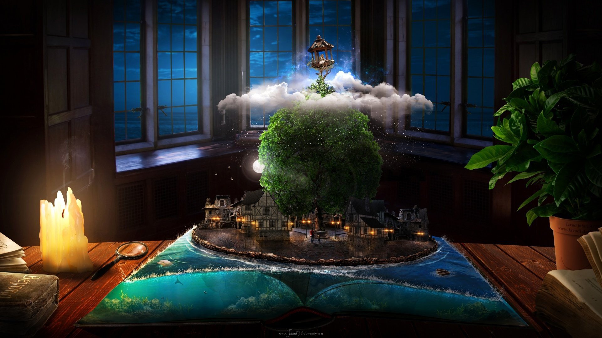 Fantasy island emerges from an open book HD Wallpaper