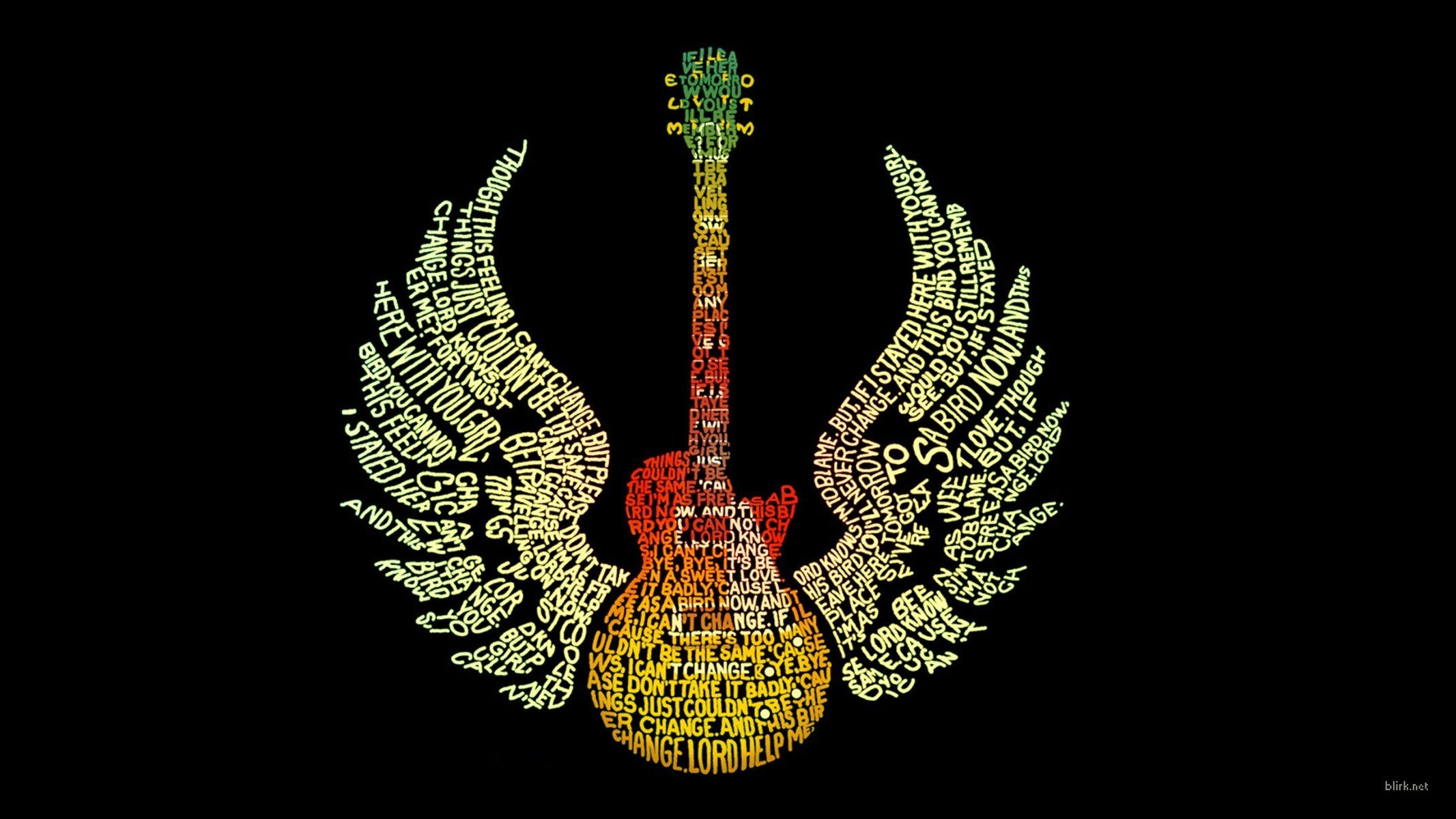 Guitar with wings made of text HD Wallpaper