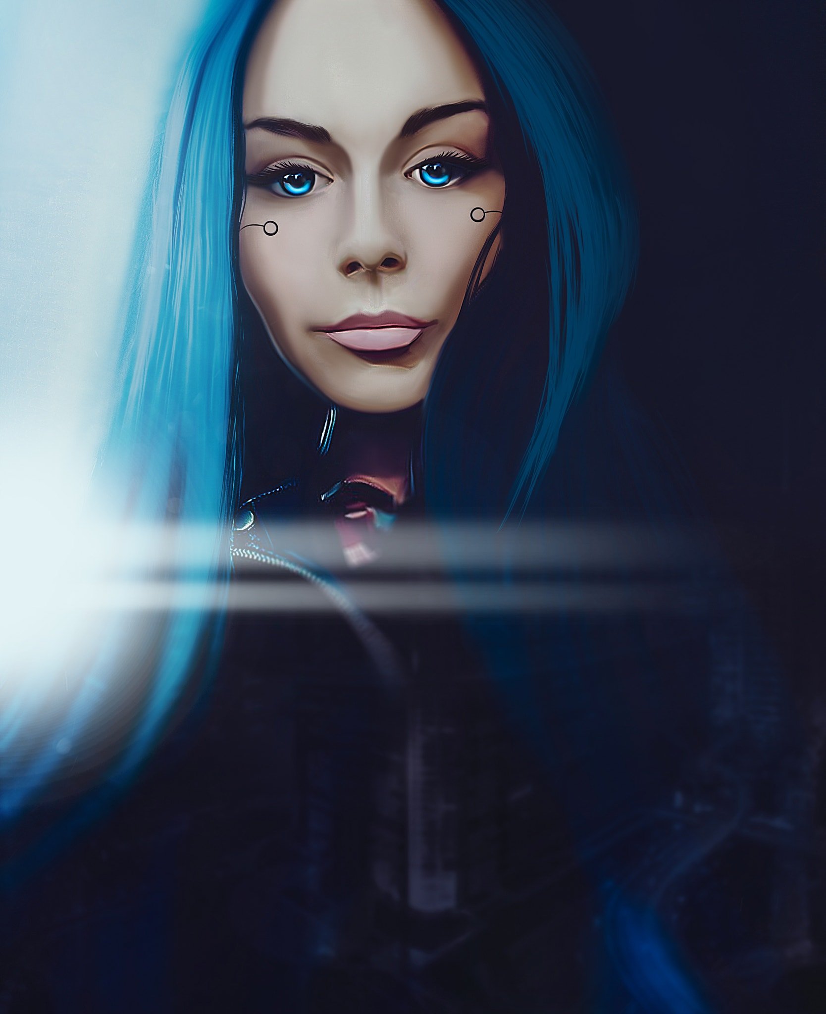 Woman with blue hair and cybernetic implants HD Wallpaper
