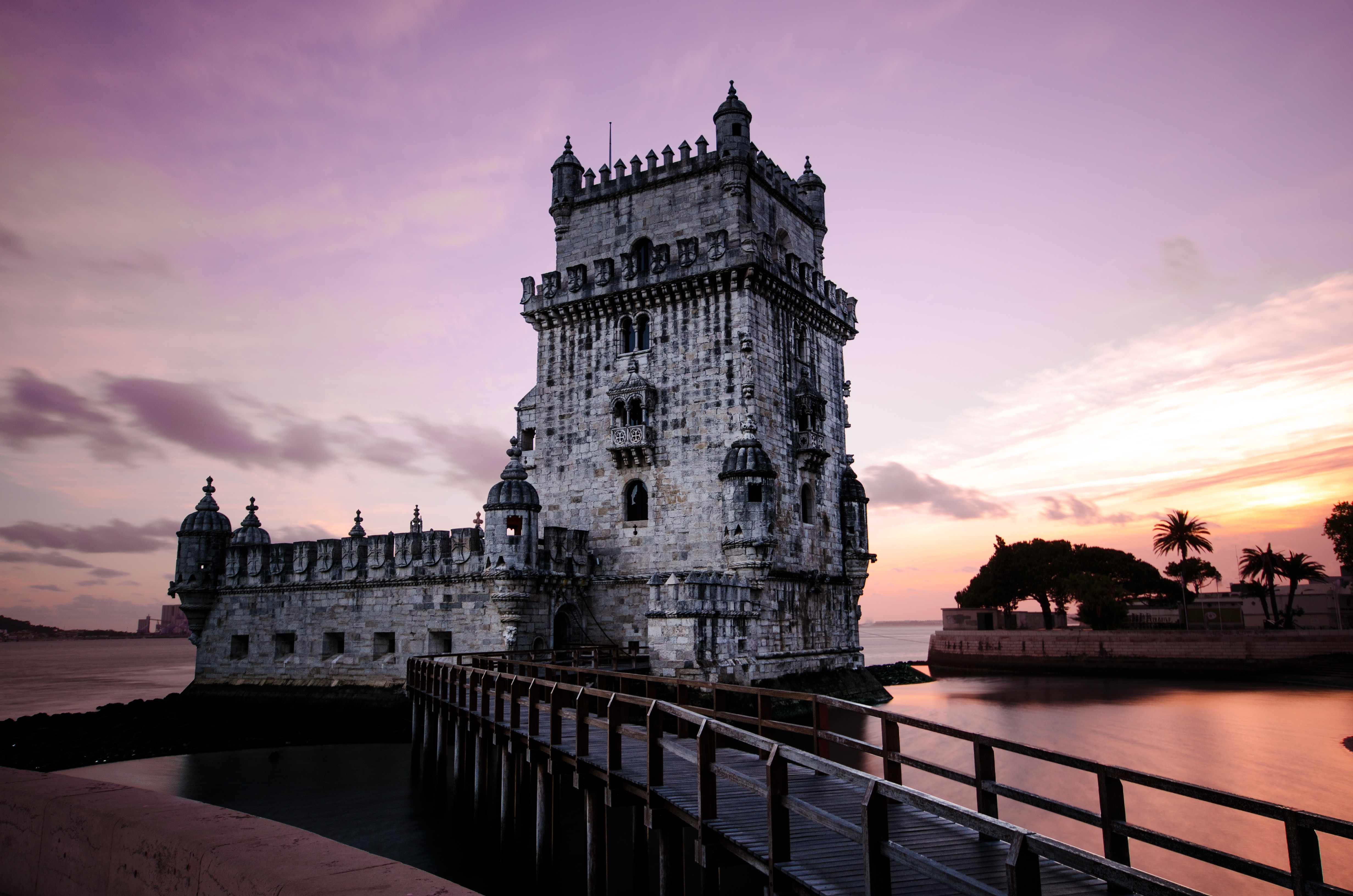 Historic Tower of Belem at Dawn with Bridge HD Wallpaper
