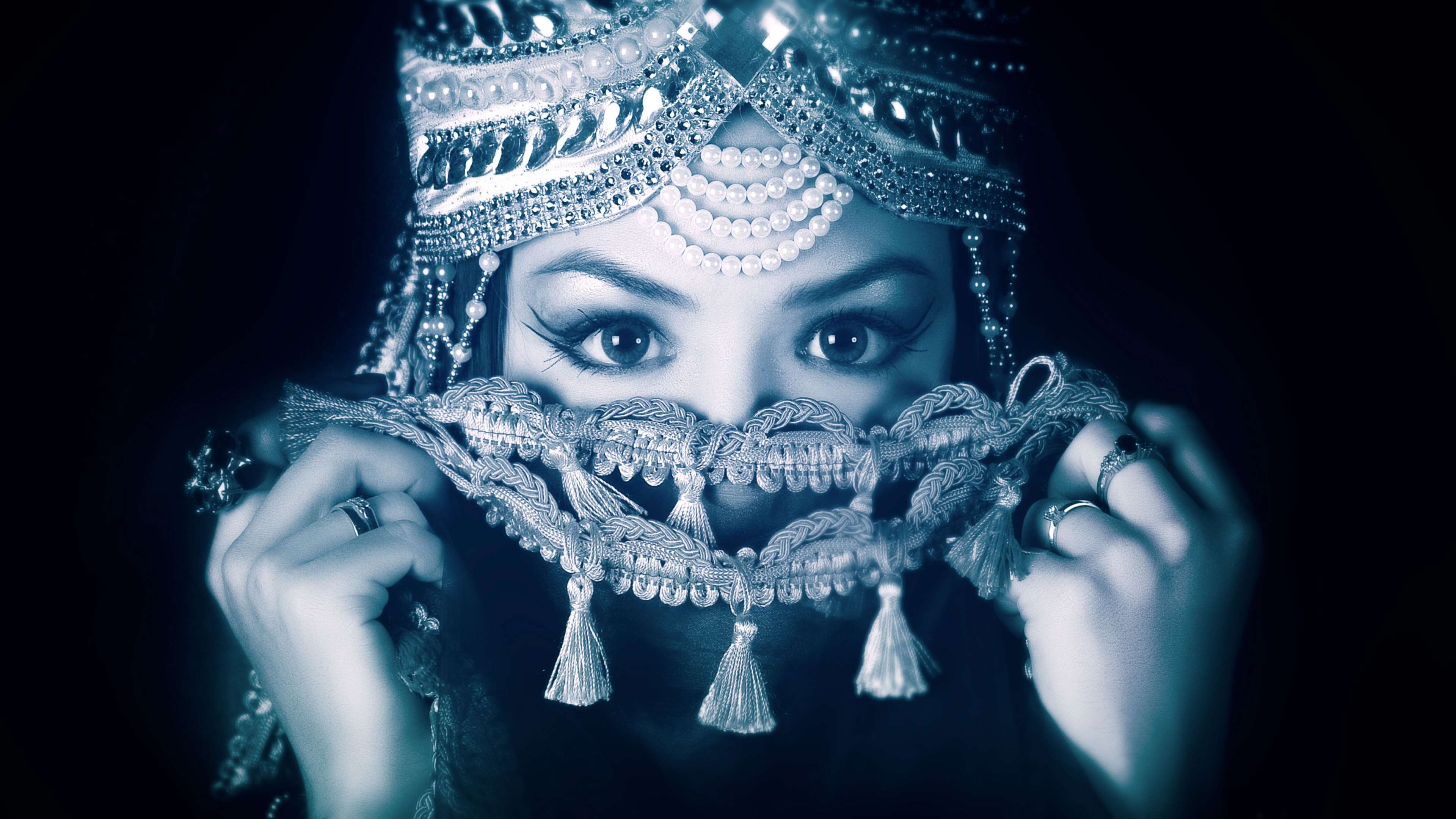 Woman in ornate headdress and veil HD Wallpaper