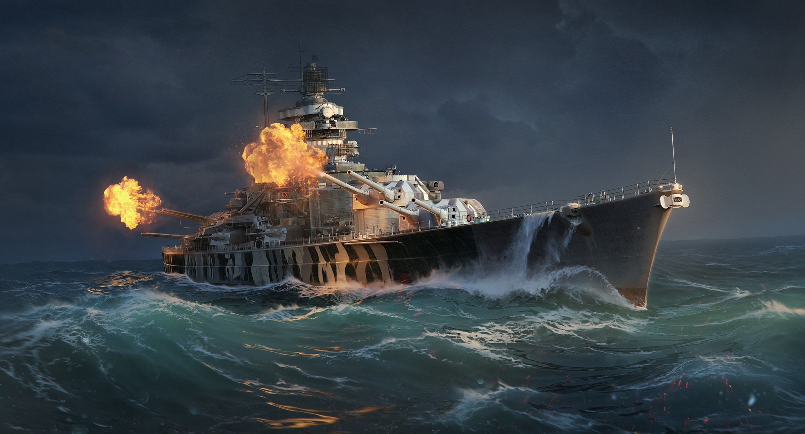 Battleship firing guns in rough seas HD Wallpaper