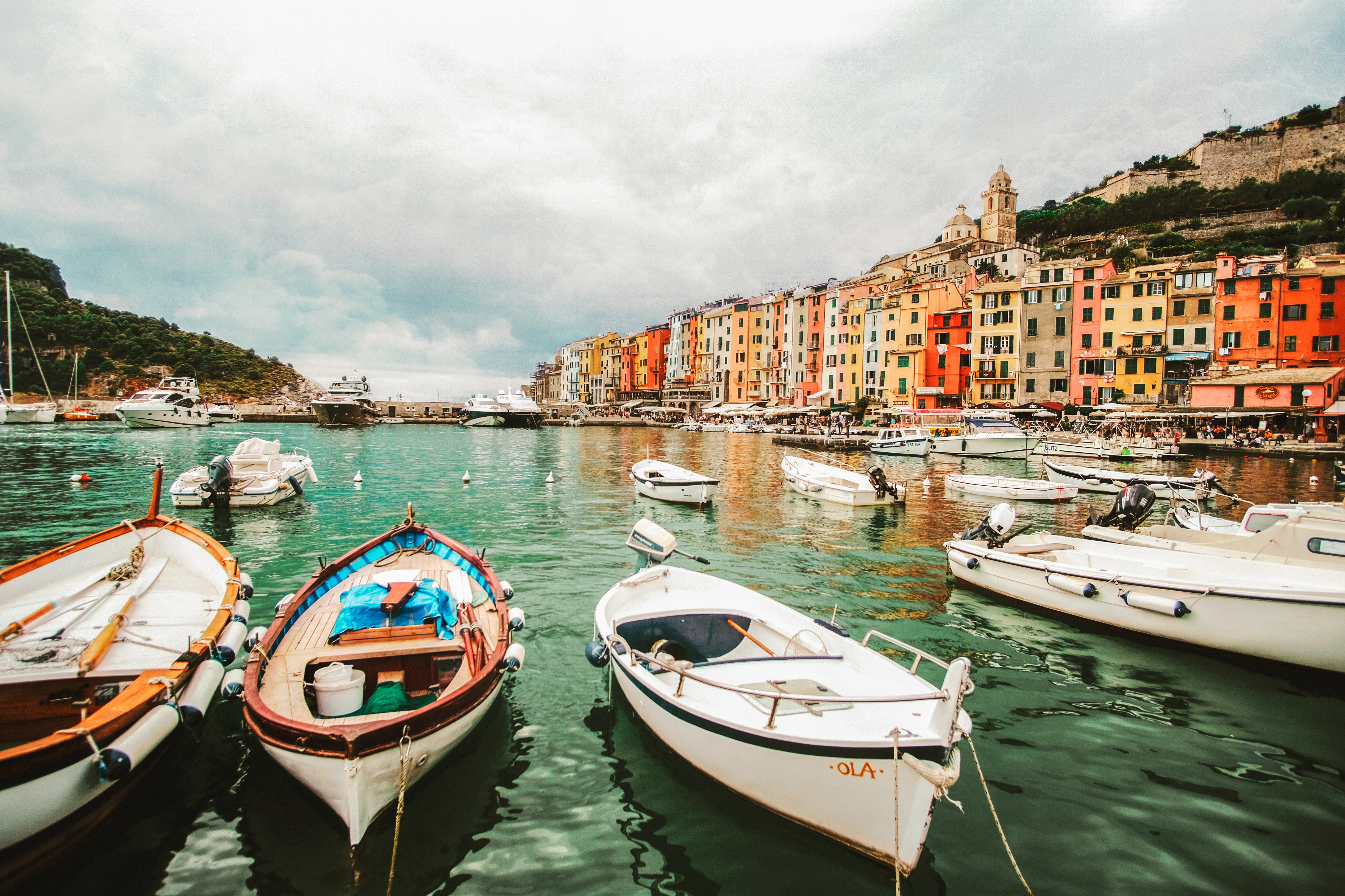 Portovenere Coastal Village Harbor with Boats and Clouds HD Wallpaper