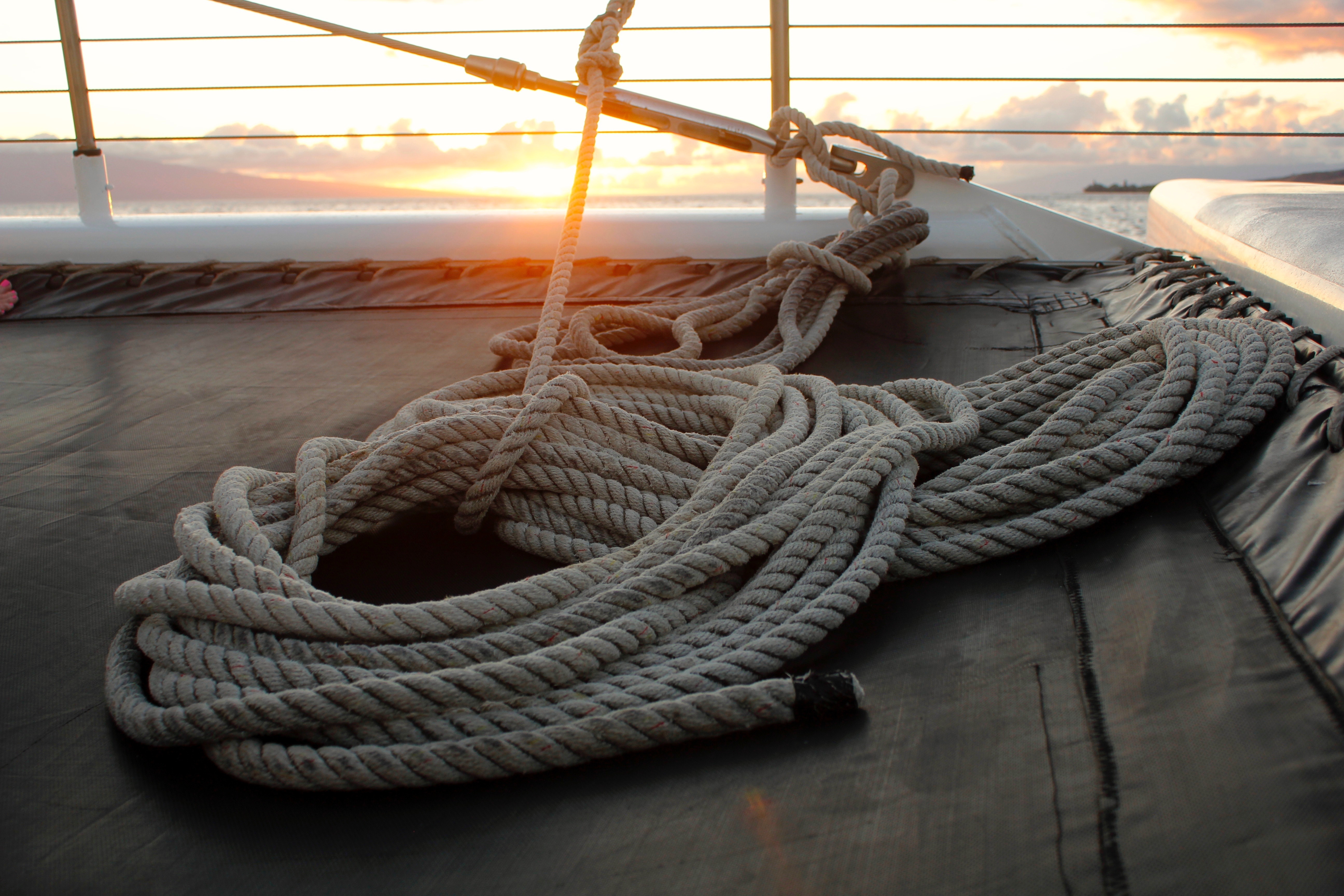 Rope on a boat deck at sunset HD Wallpaper