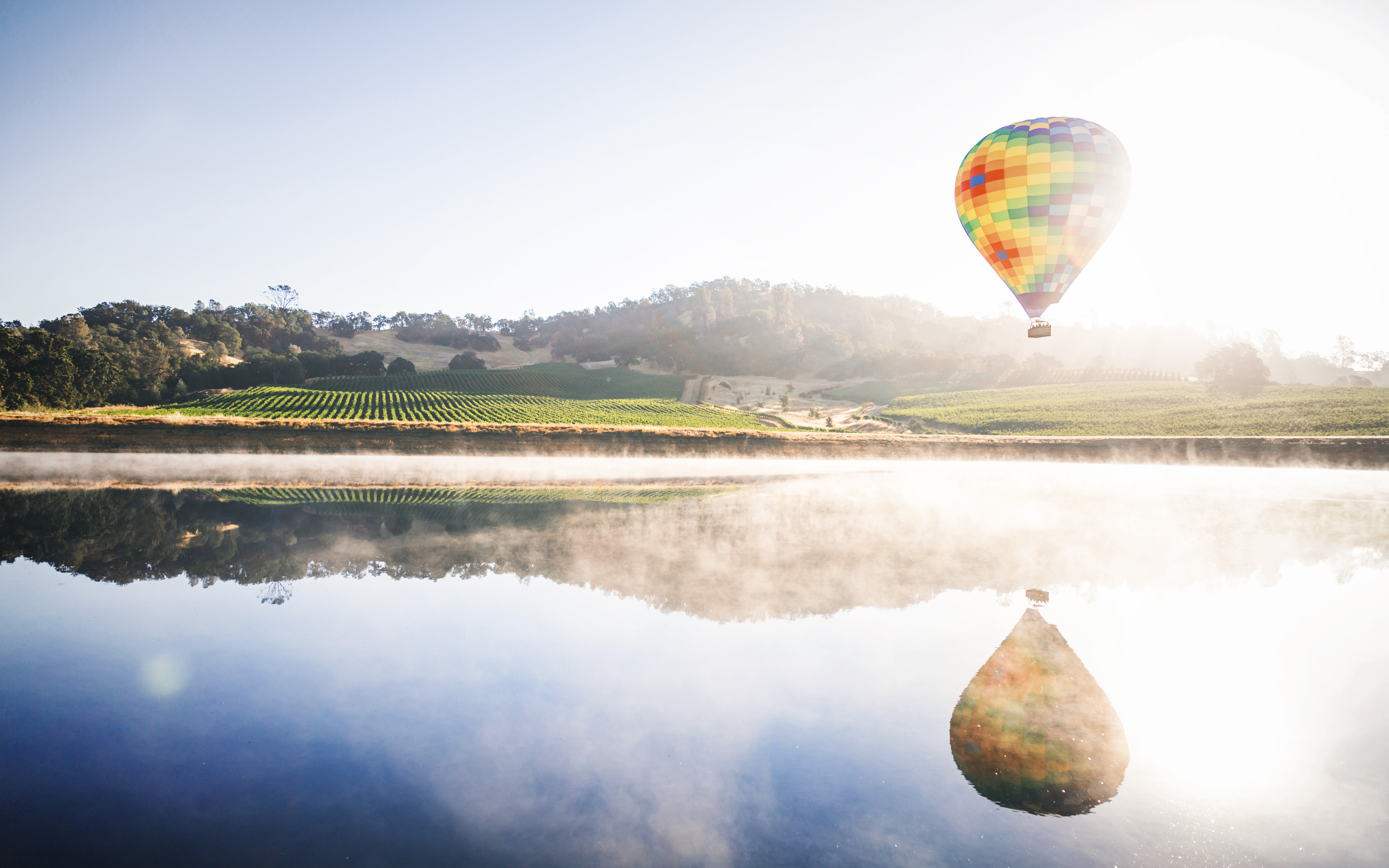 Hot air balloon over a misty lake and vineyard HD Wallpaper