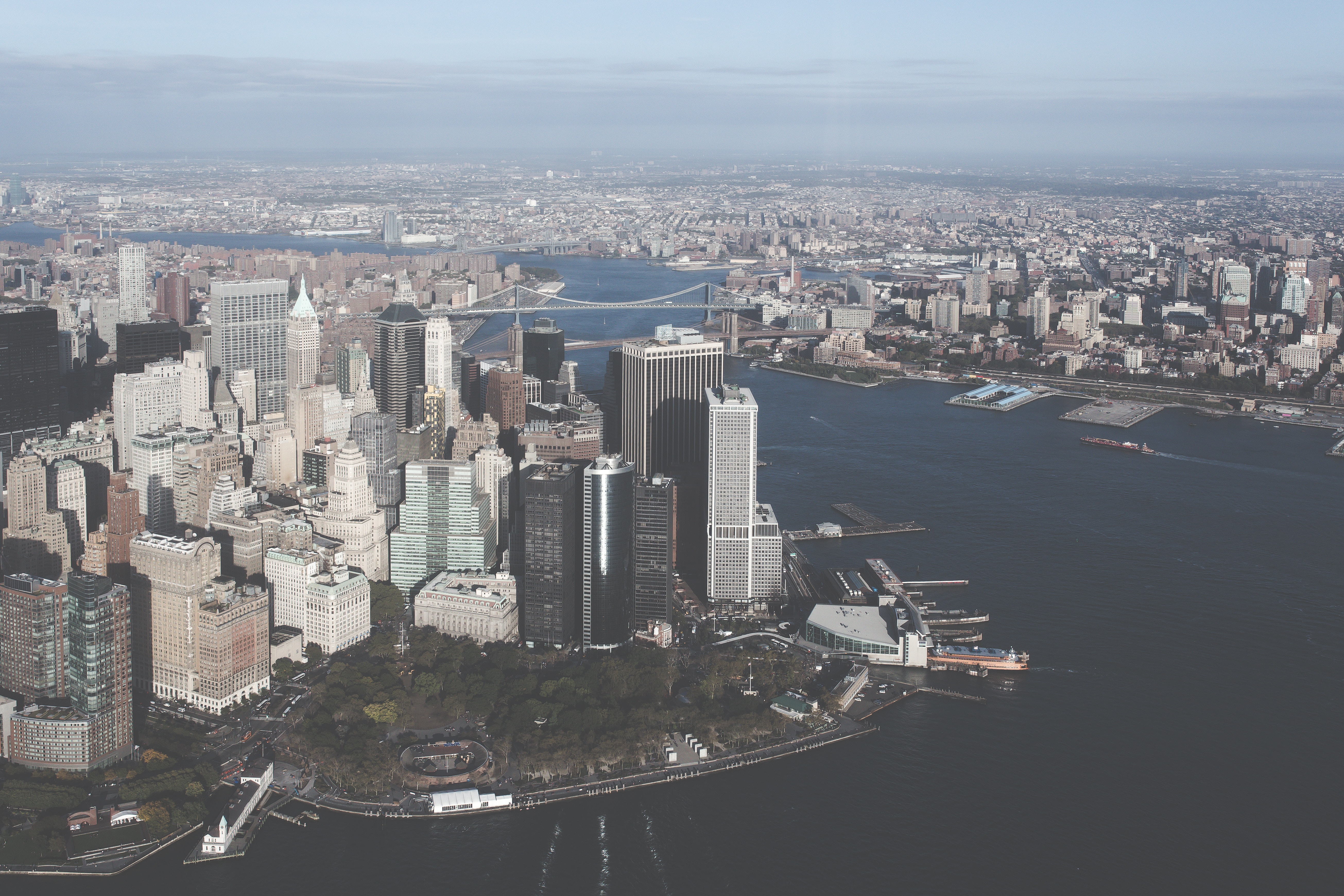Aerial view of New York City skyline and harbor HD Wallpaper