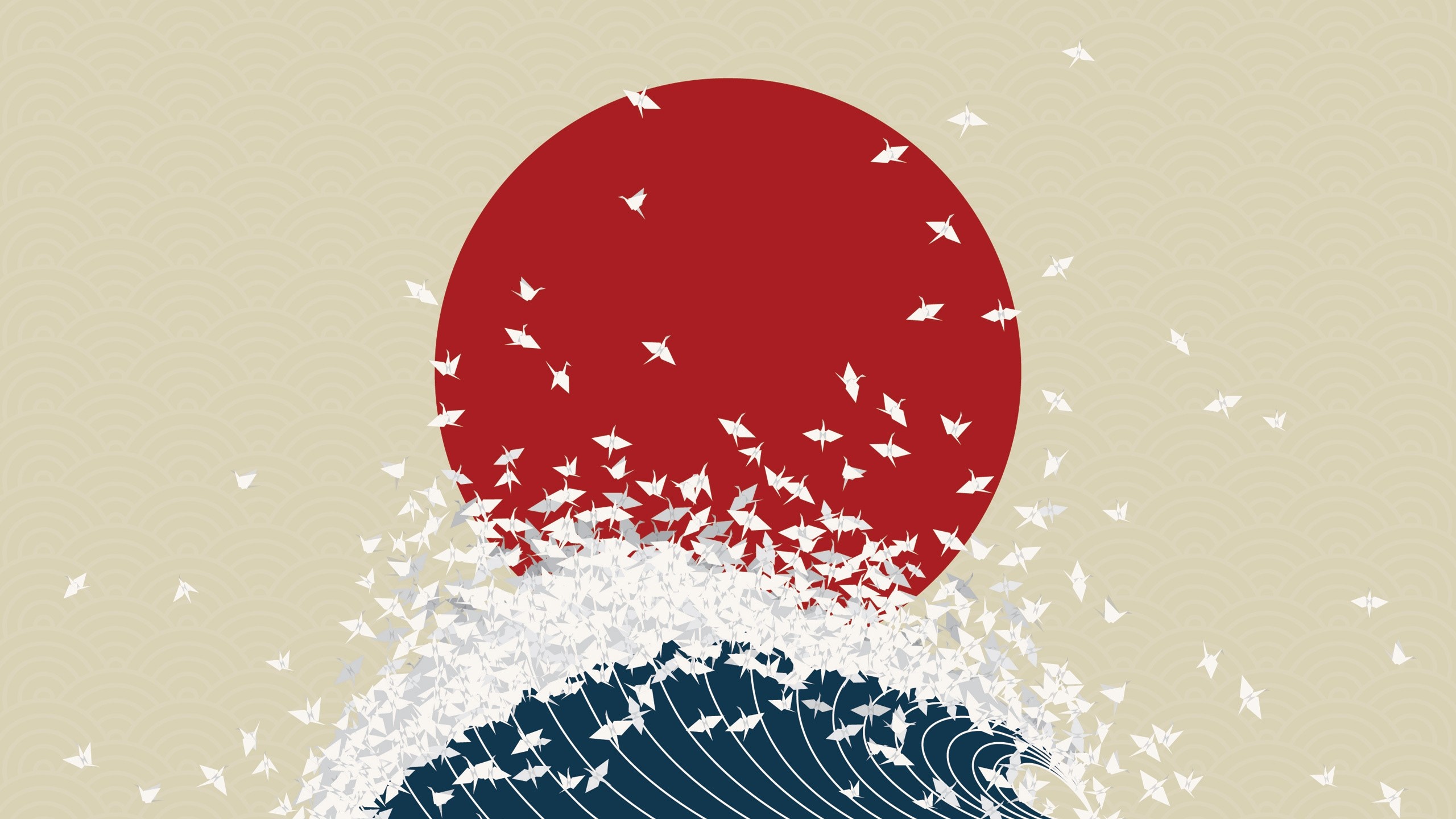 Origami cranes flying over a wave with a rising sun HD Wallpaper