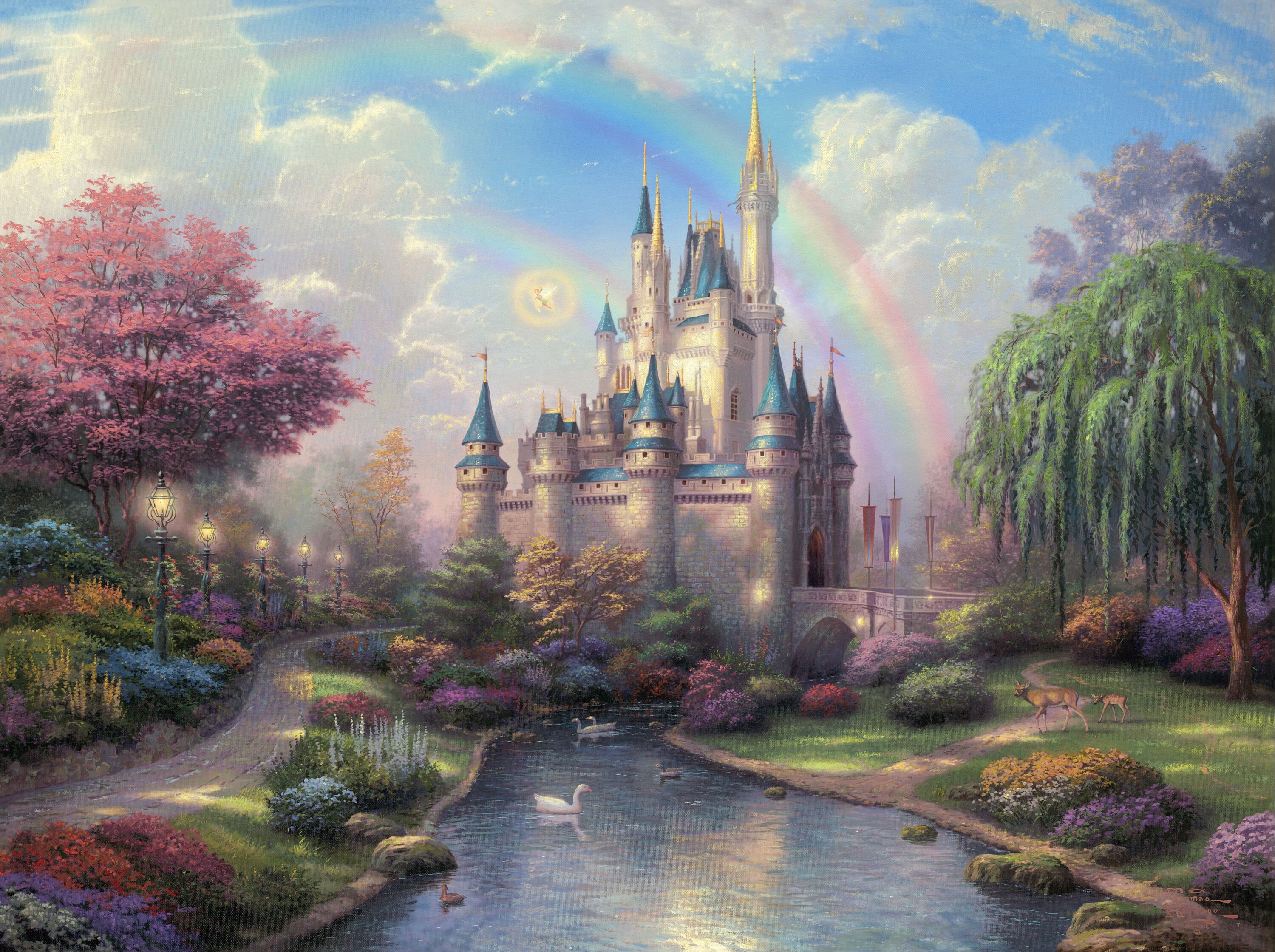 Fairy Tale Castle with Rainbow and Swans HD Wallpaper