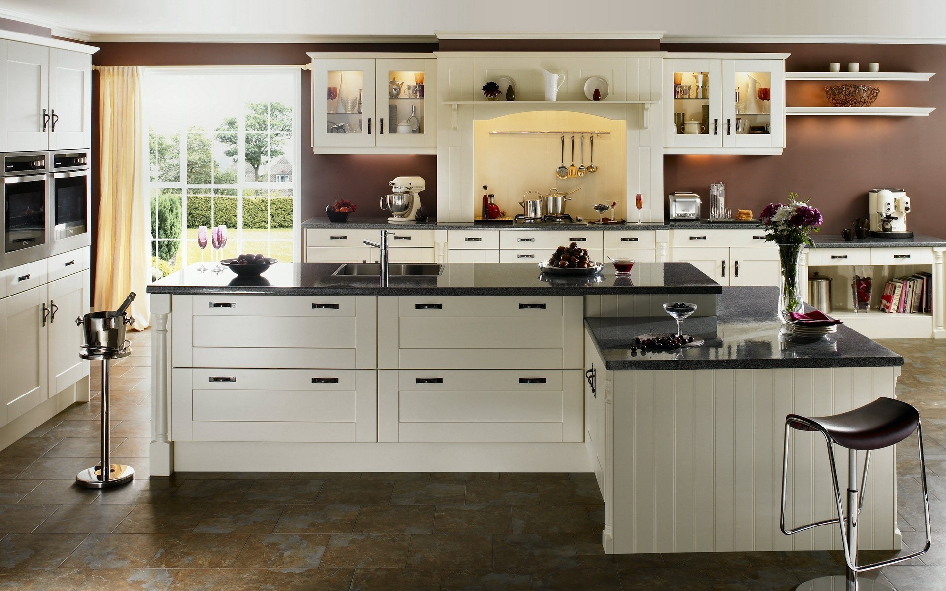 Modern cream kitchen with island and appliances HD Wallpaper