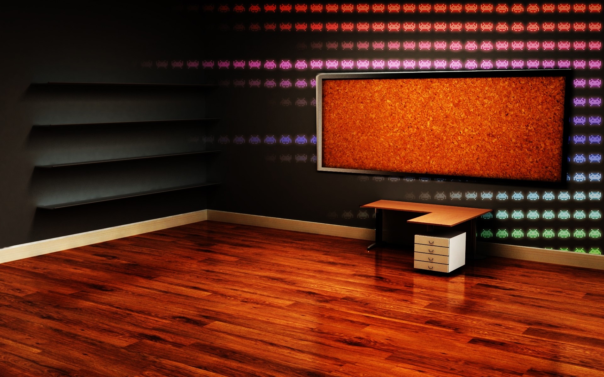 Empty room with wooden floor and space invaders wall art HD Wallpaper