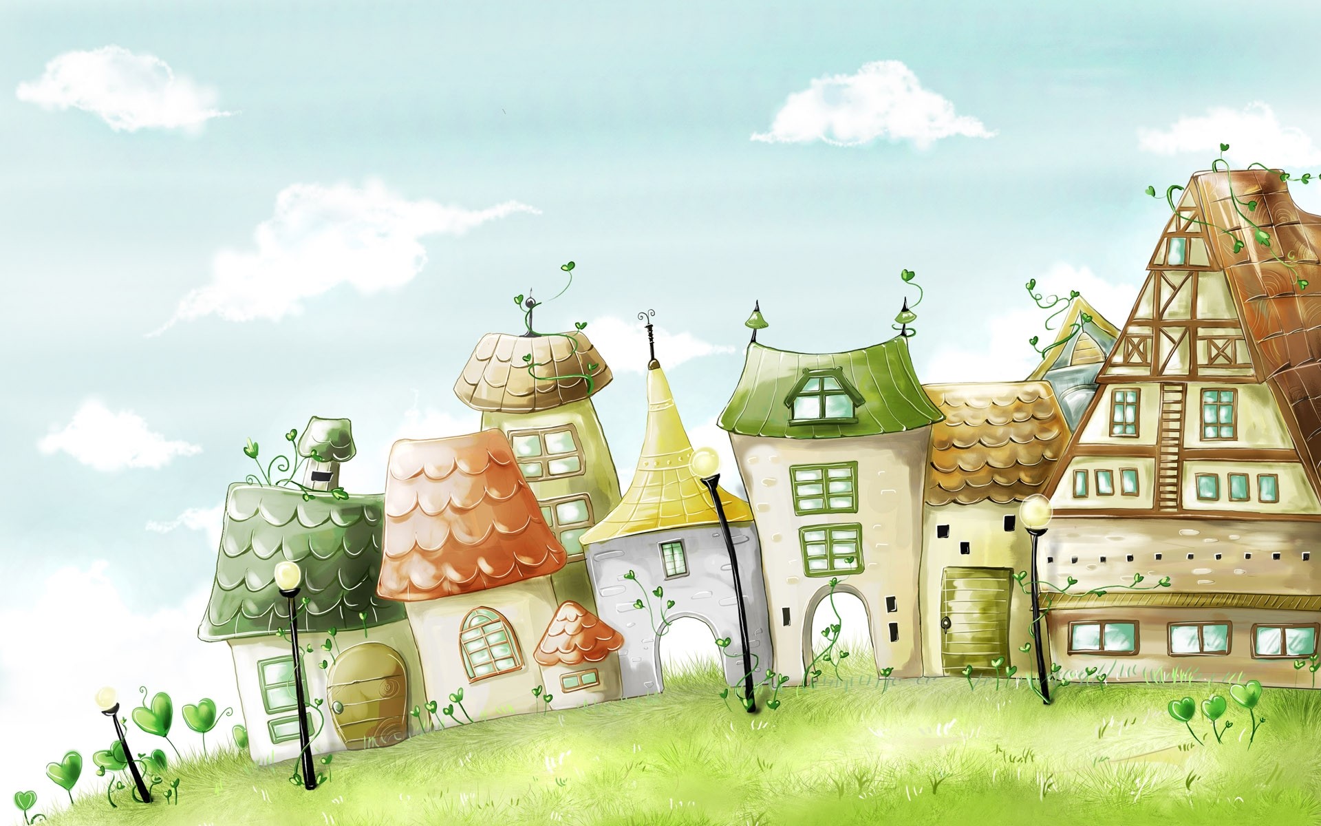 Whimsical cartoon town with quirky houses on a grassy hill HD Wallpaper