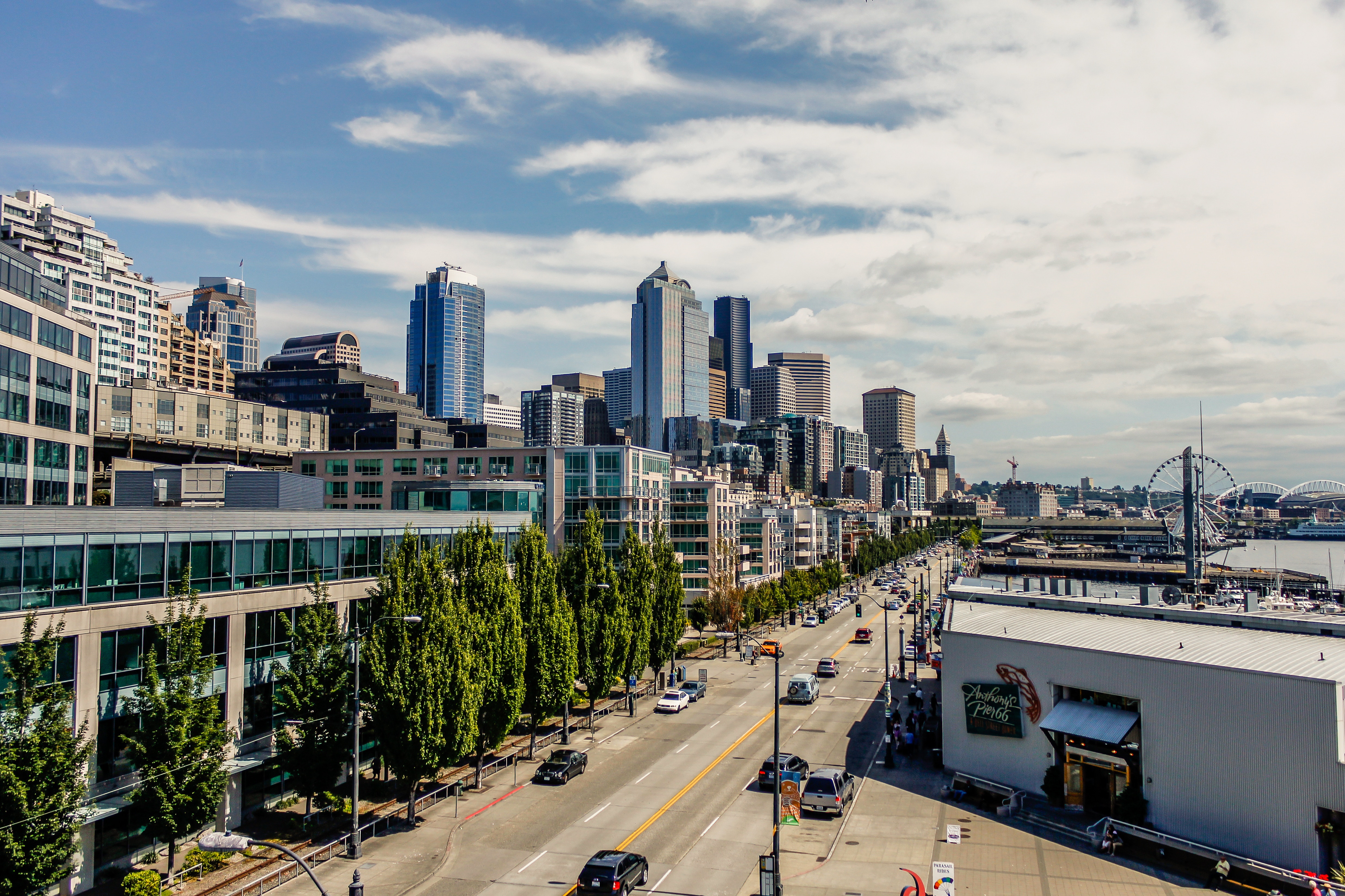Seattle skyline with waterfront and Ferris wheel HD Wallpaper