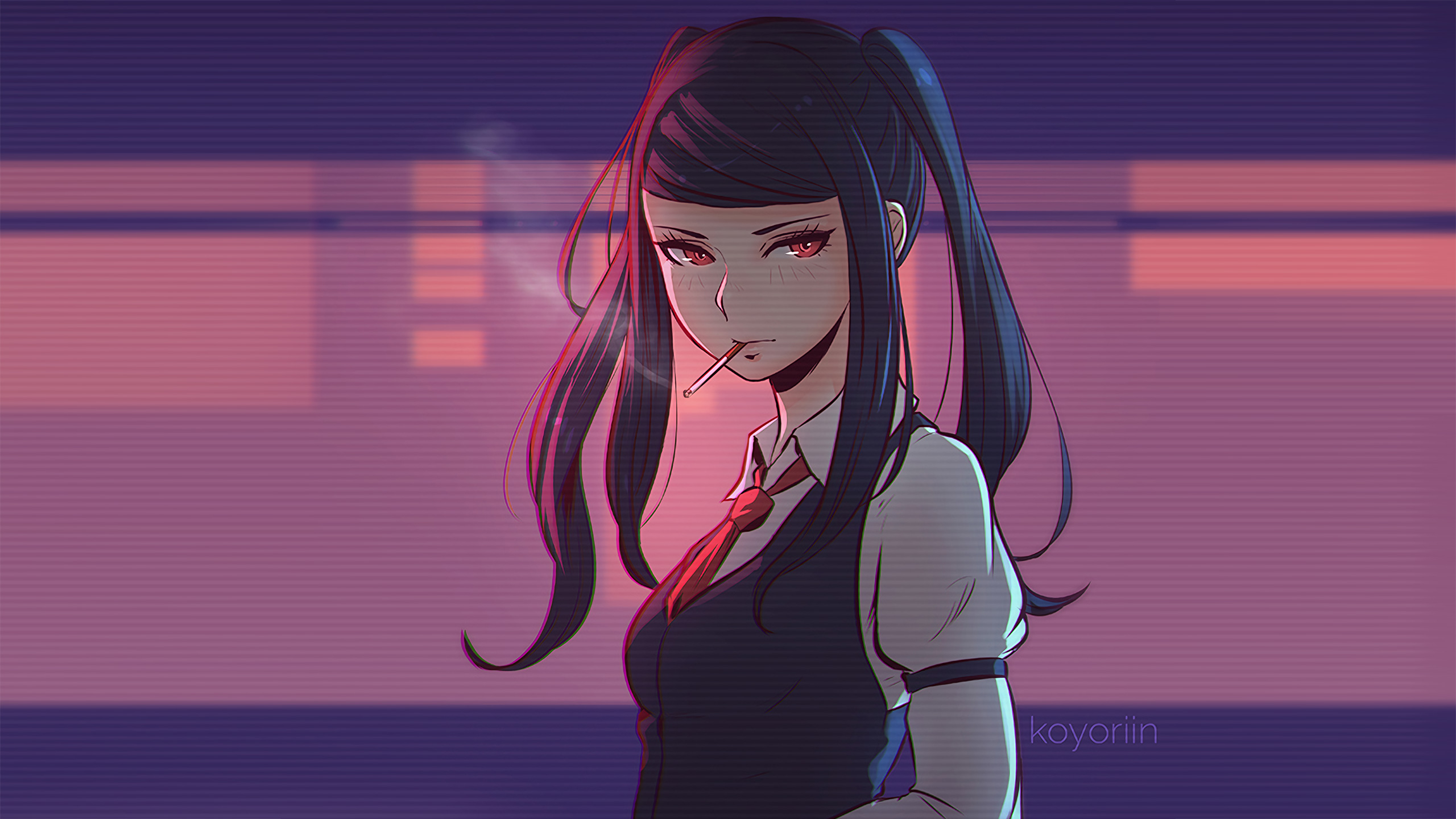 Anime girl smoking in cyberpunk setting HD Wallpaper