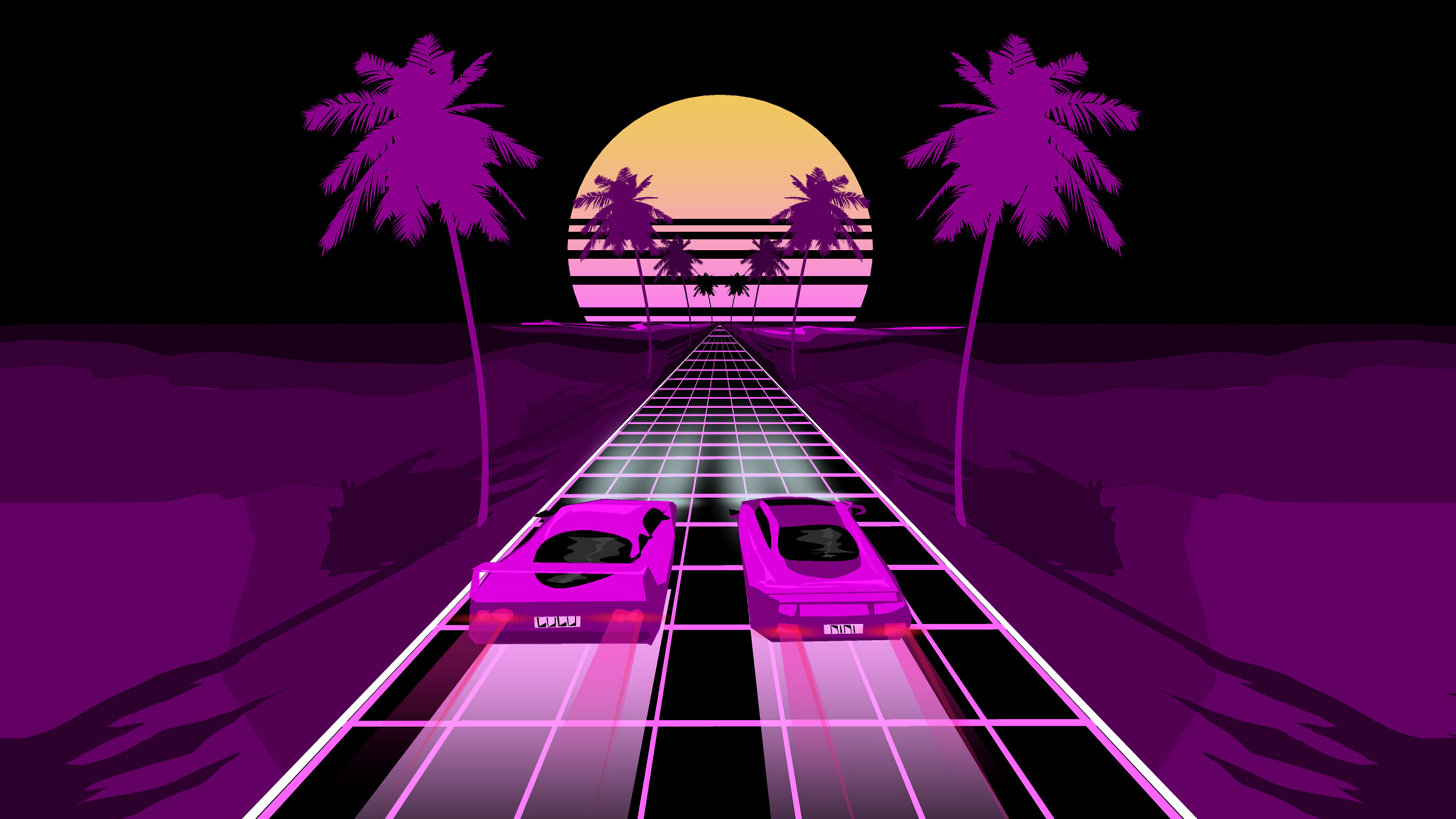 Two cars driving on a grid road towards a sunset HD Wallpaper