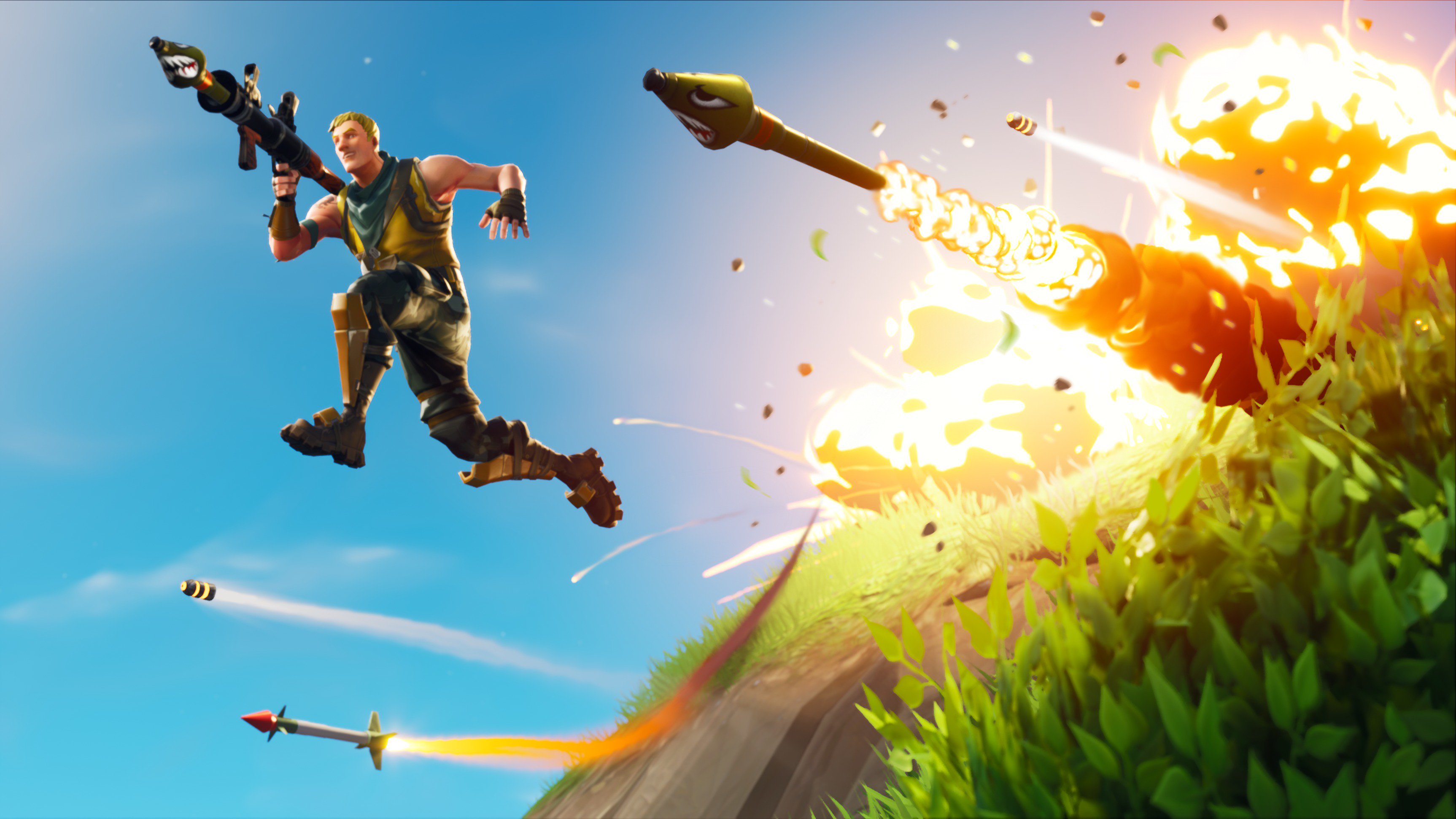 Jonesy from Fortnite firing a rocket launcher HD Wallpaper