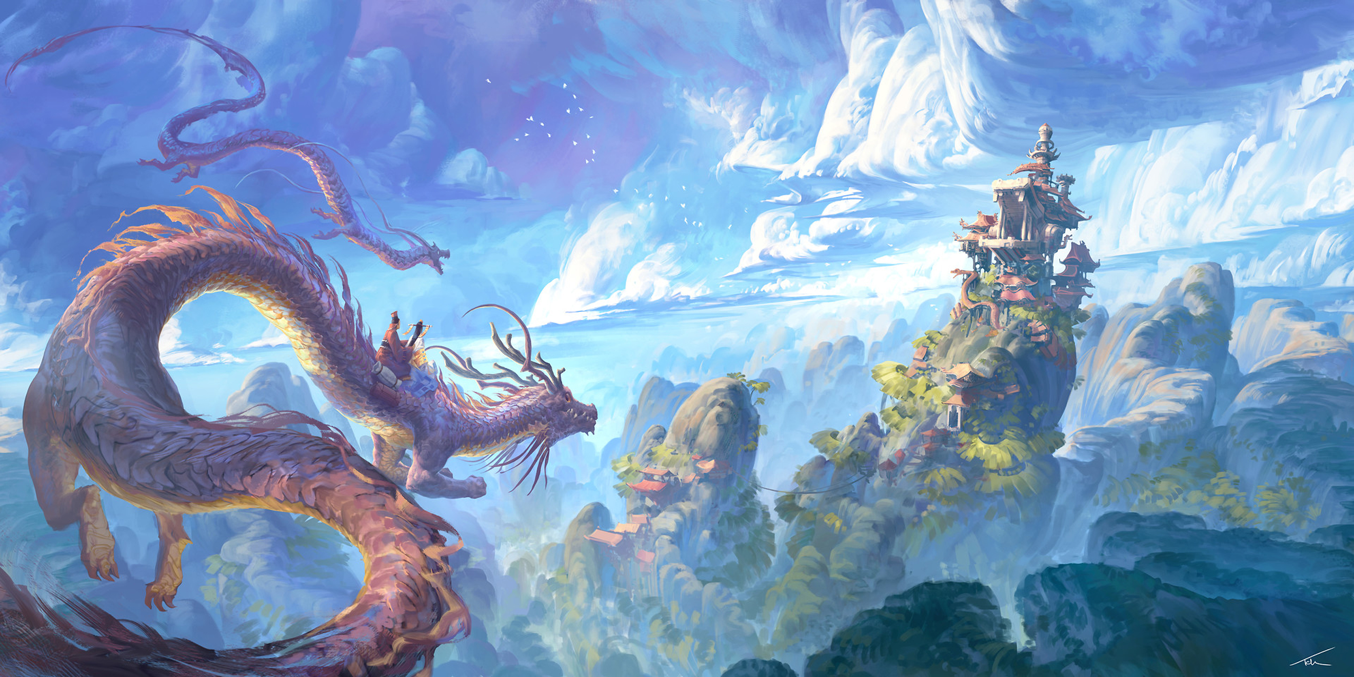 Digital art of dragons flying near a mountain temple HD Wallpaper