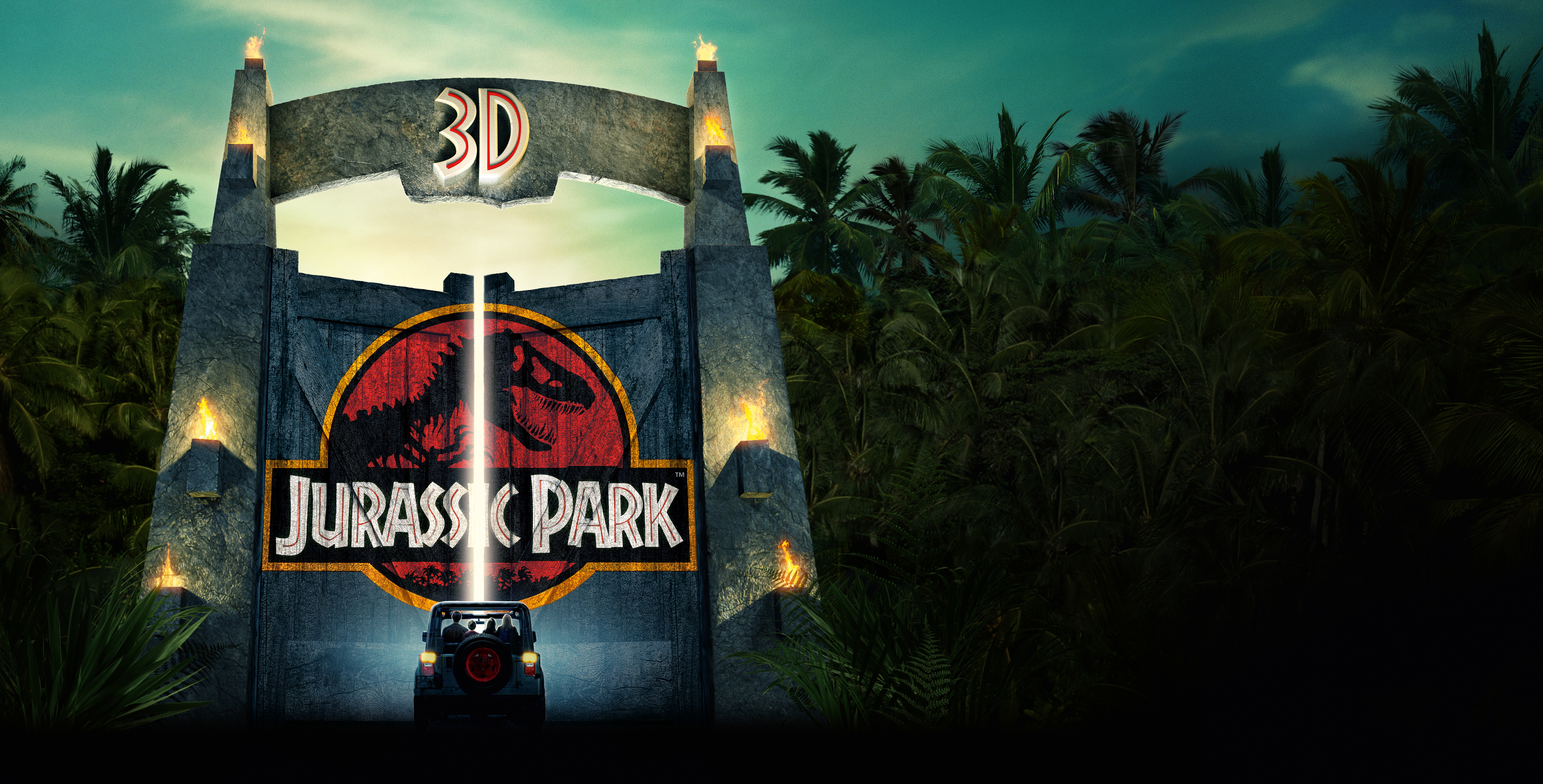 Jurassic Park 3D movie entrance with jeep HD Wallpaper