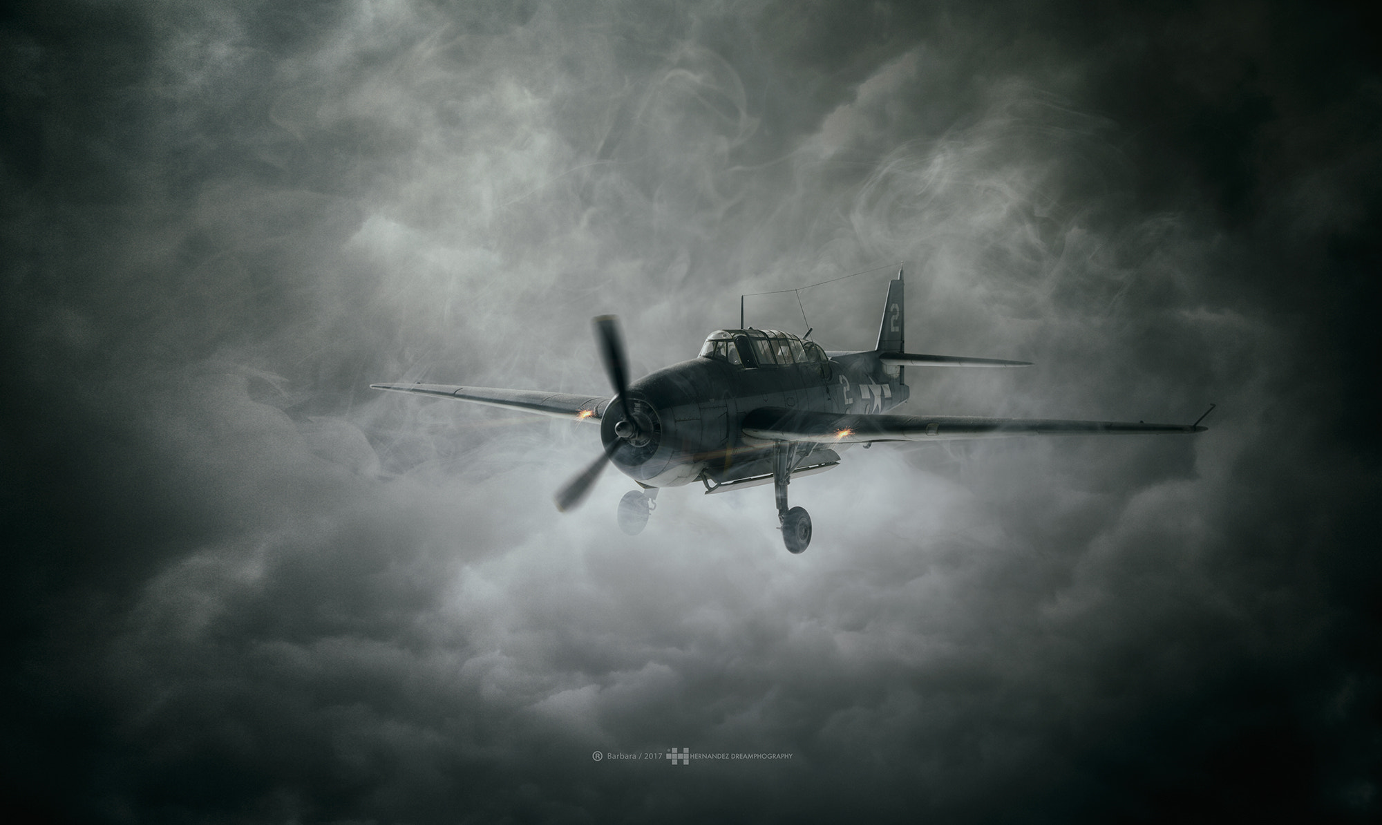 Dark aircraft flying through stormy clouds HD Wallpaper