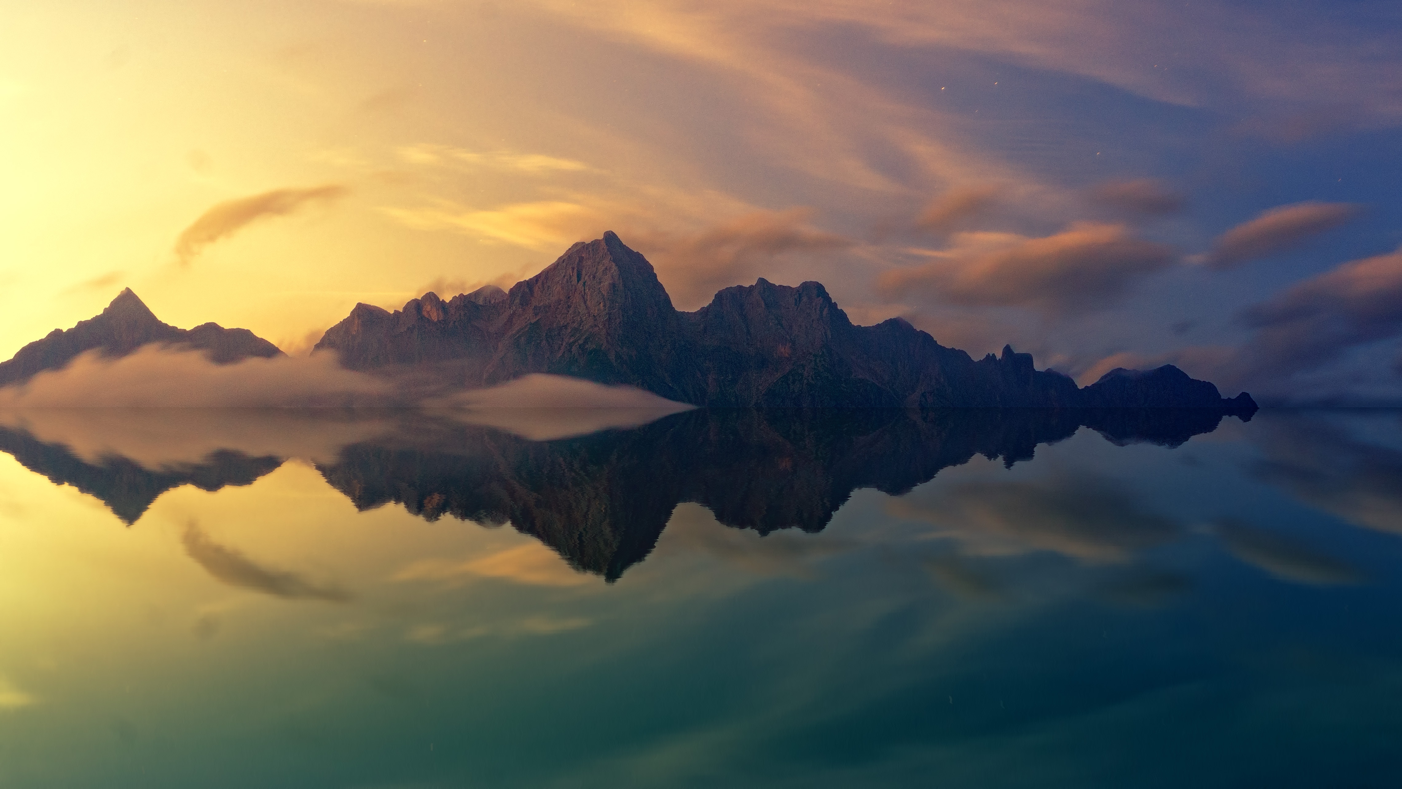 Mountains reflected in water at sunset HD Wallpaper