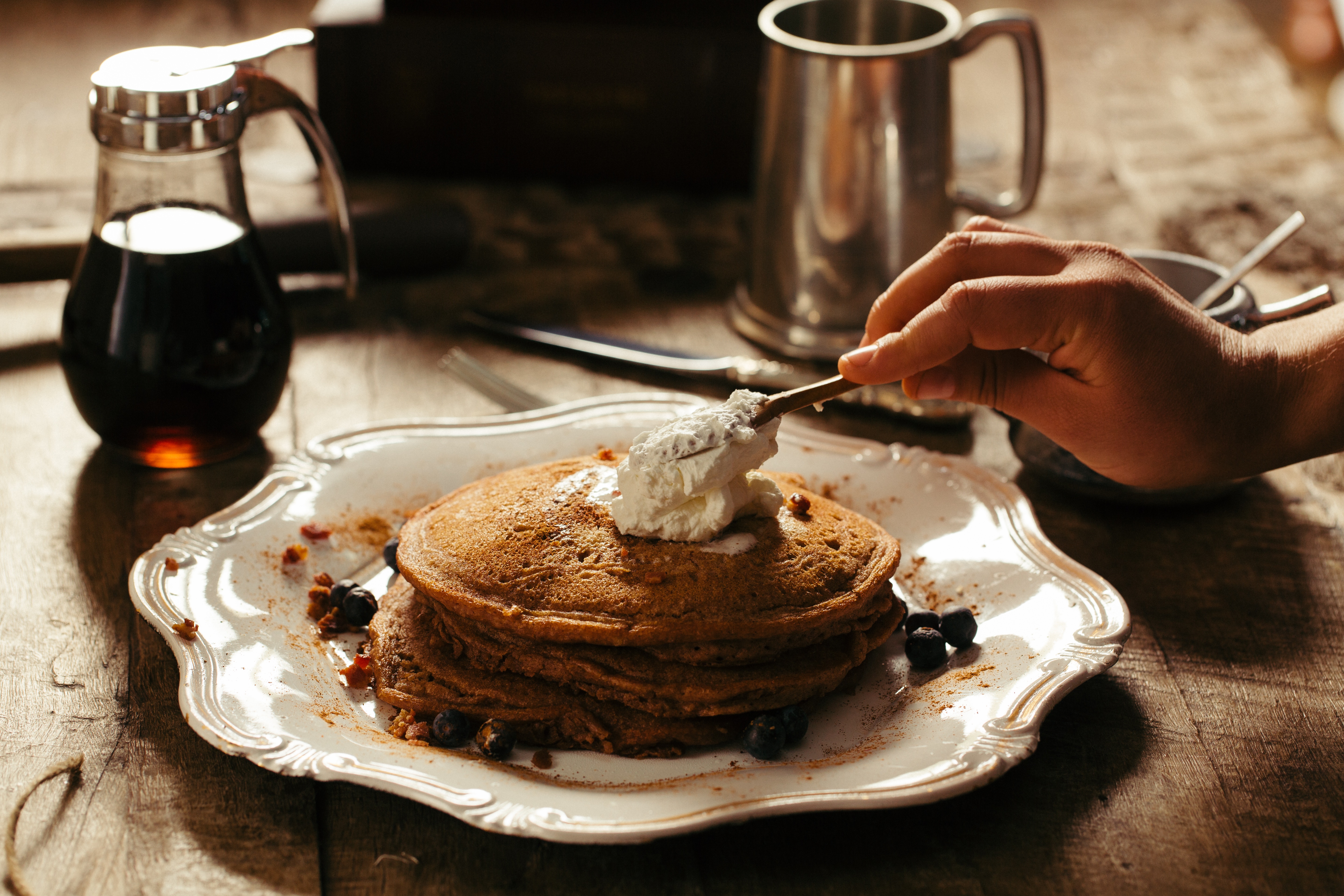 Stack of Pancakes with Whipped Cream and Blueberries HD Wallpaper