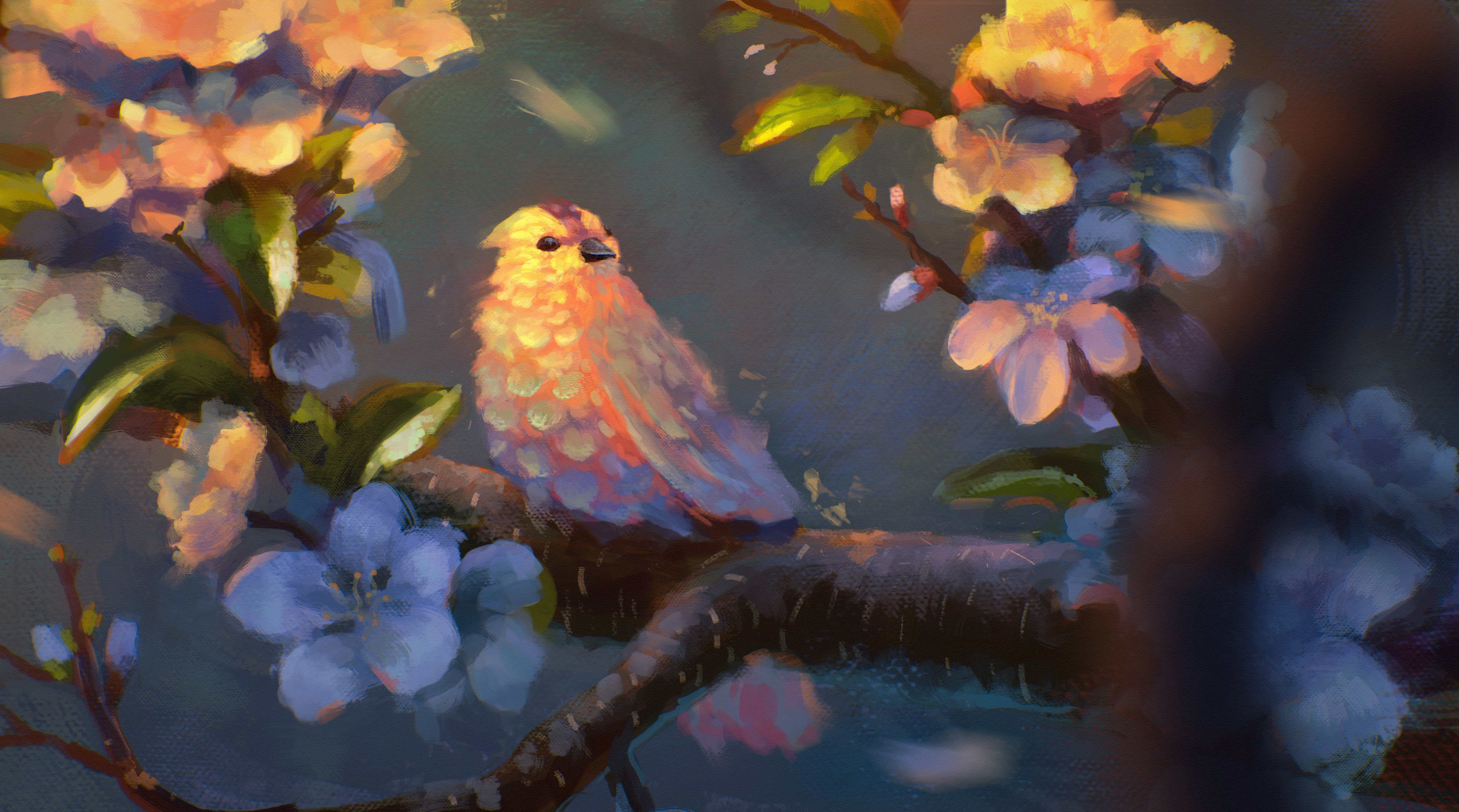 Bird on a flowering branch, digital art HD Wallpaper