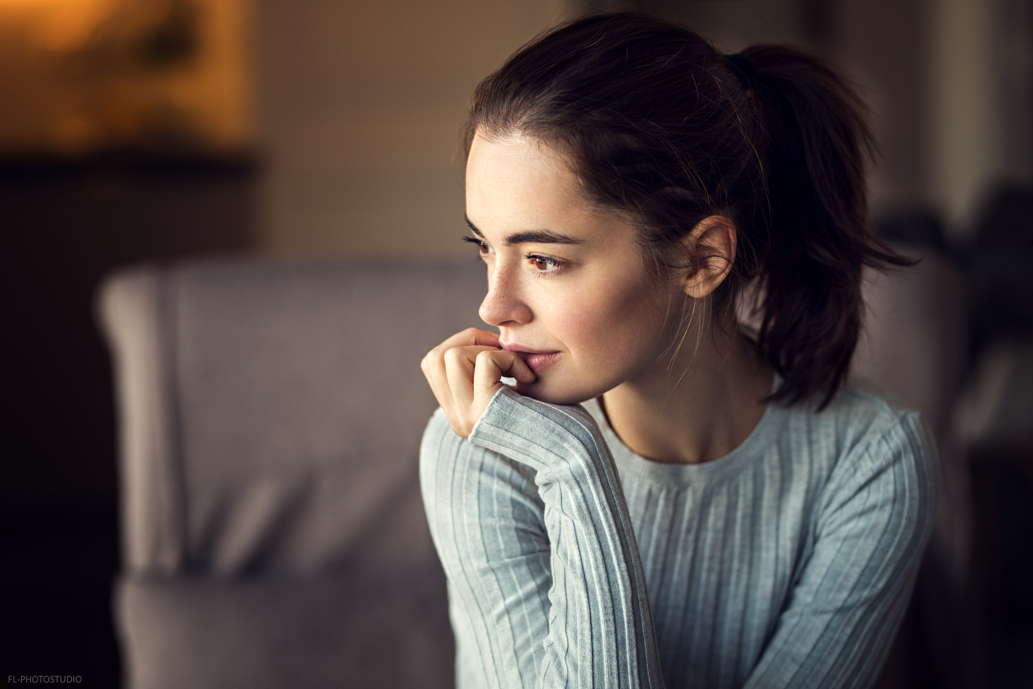 Thoughtful Lidia Savoderova in Cozy Sweater Indoors HD Wallpaper