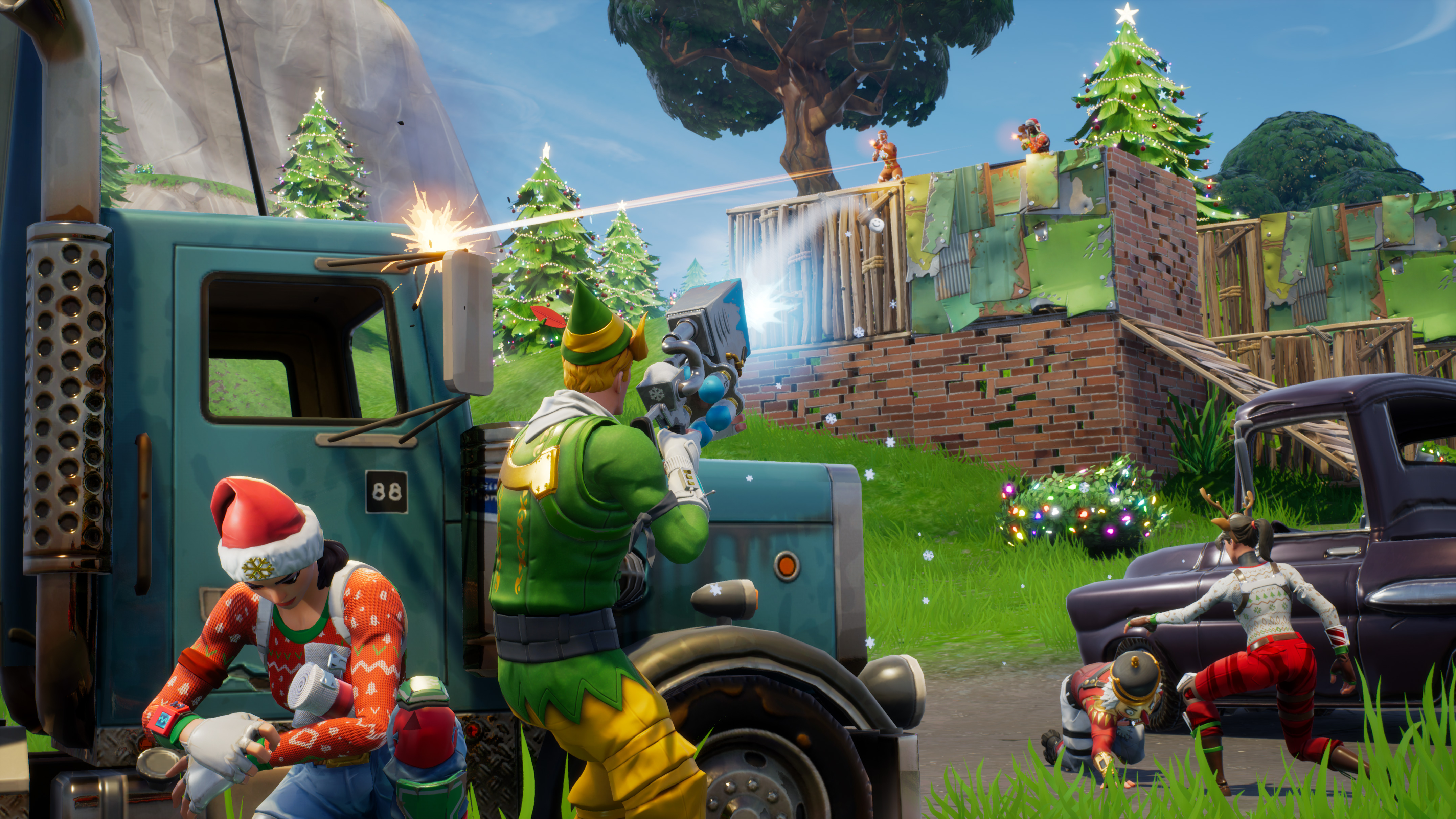 Fortnite characters in a Christmas-themed battle HD Wallpaper